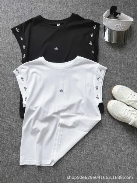 Alo Yoga Logo-Trim Cap-Sleeve T-Shirt Black and White - 8