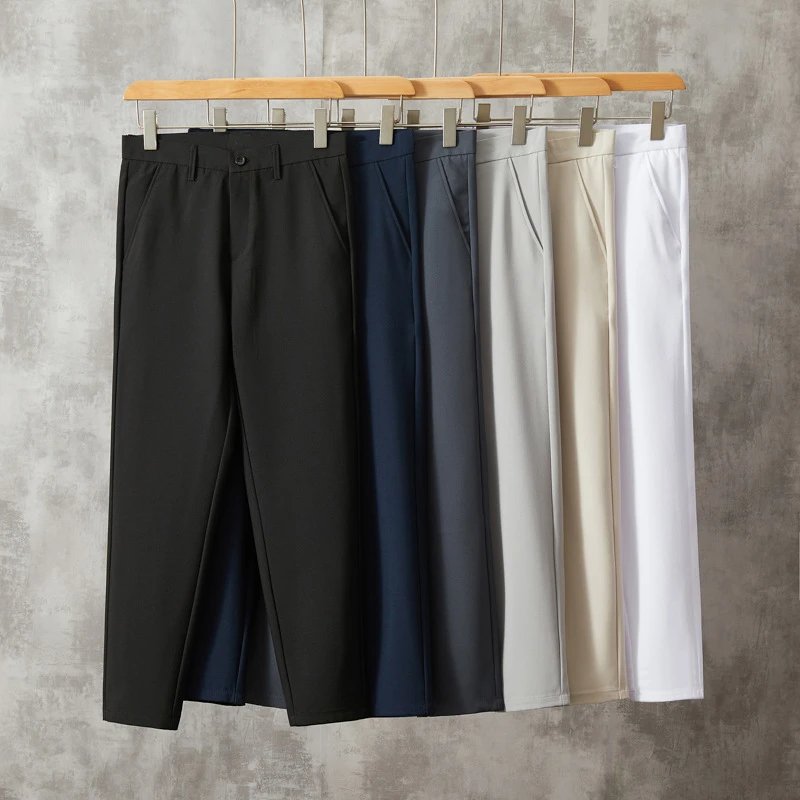 Korean Style Premium Men's Dress Pants Ice Silk Suit Pants Summer Draped Cropped Pants Men Slim Straight Casual Trousers