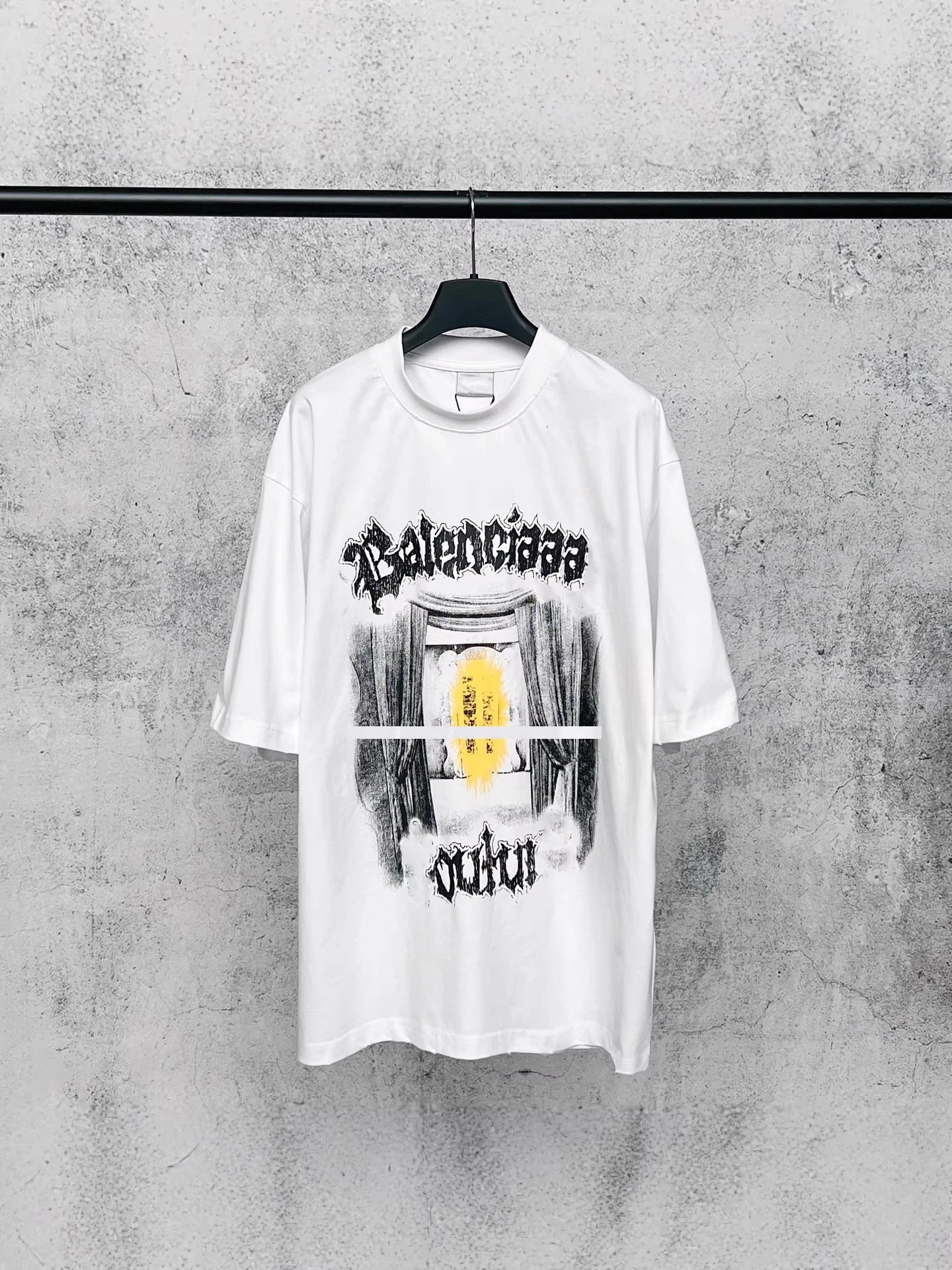 Balenciaga Men's Gothic Logo Curtain Graphic Print Oversized T-Shirt White