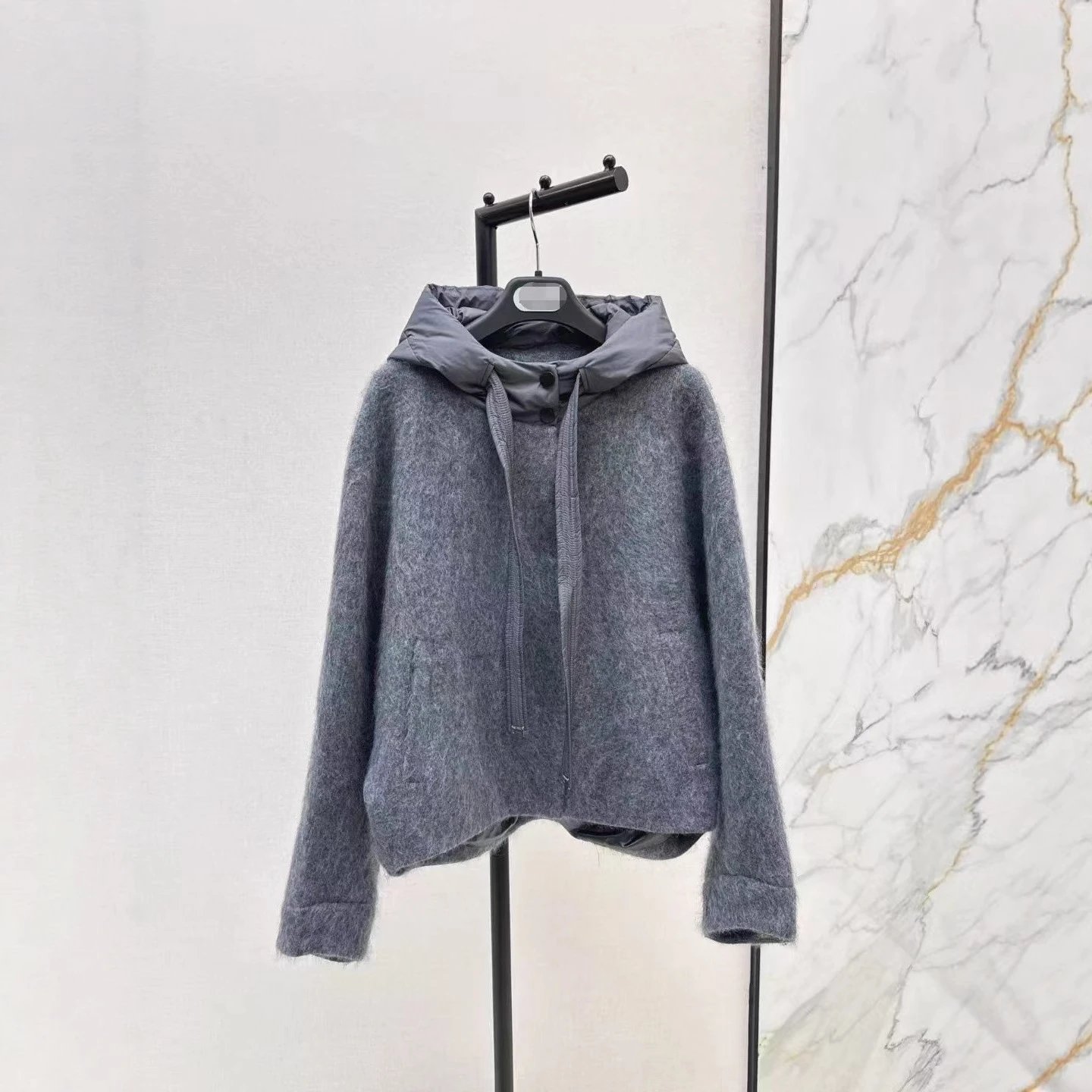 Women's Gray Mohair Hooded Jacket with Quilted Nylon Hood & Long Drawstring Zip Front