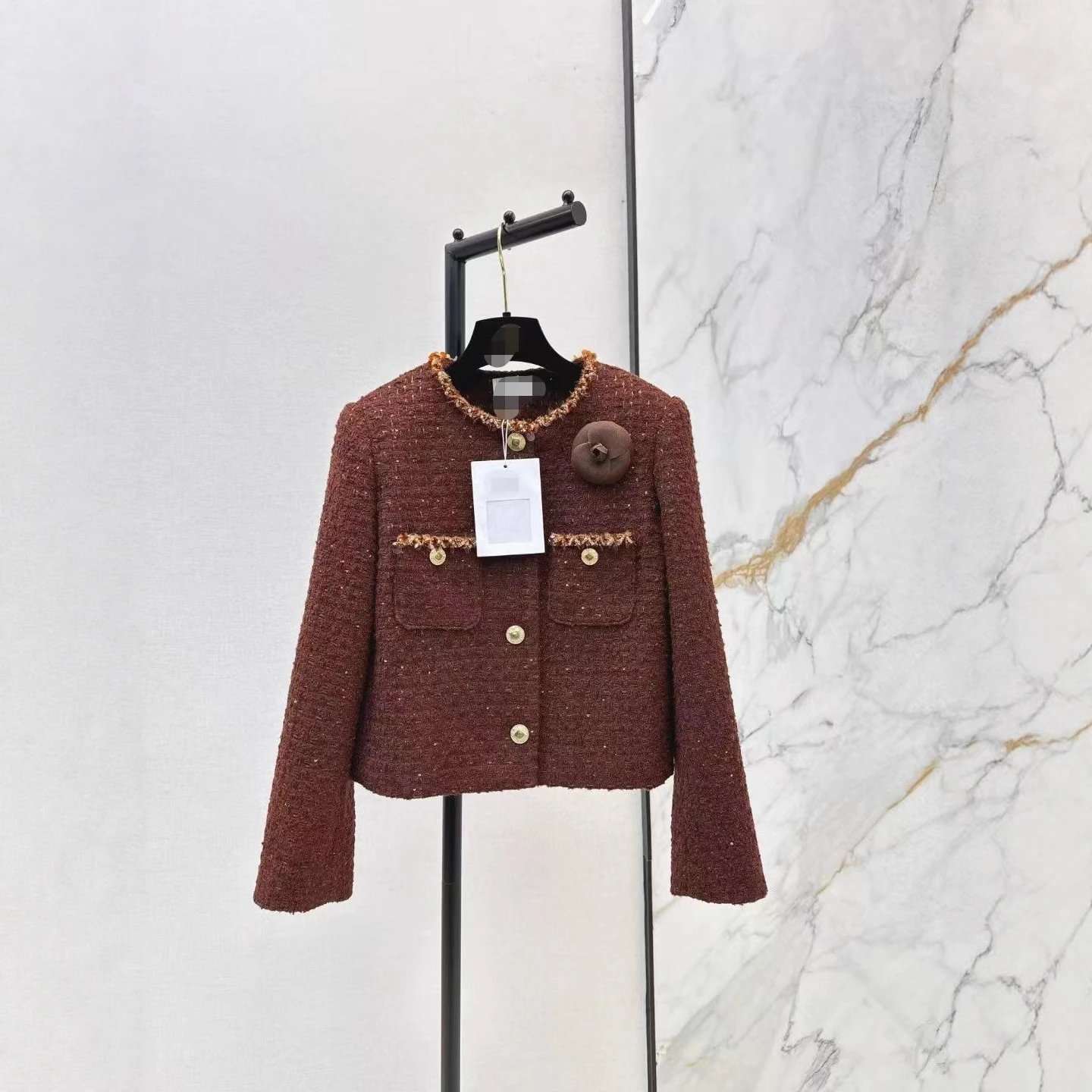 Chanel Women's Rust Brown Tweed Jacket with Gold Buttons & Camellia Brooch