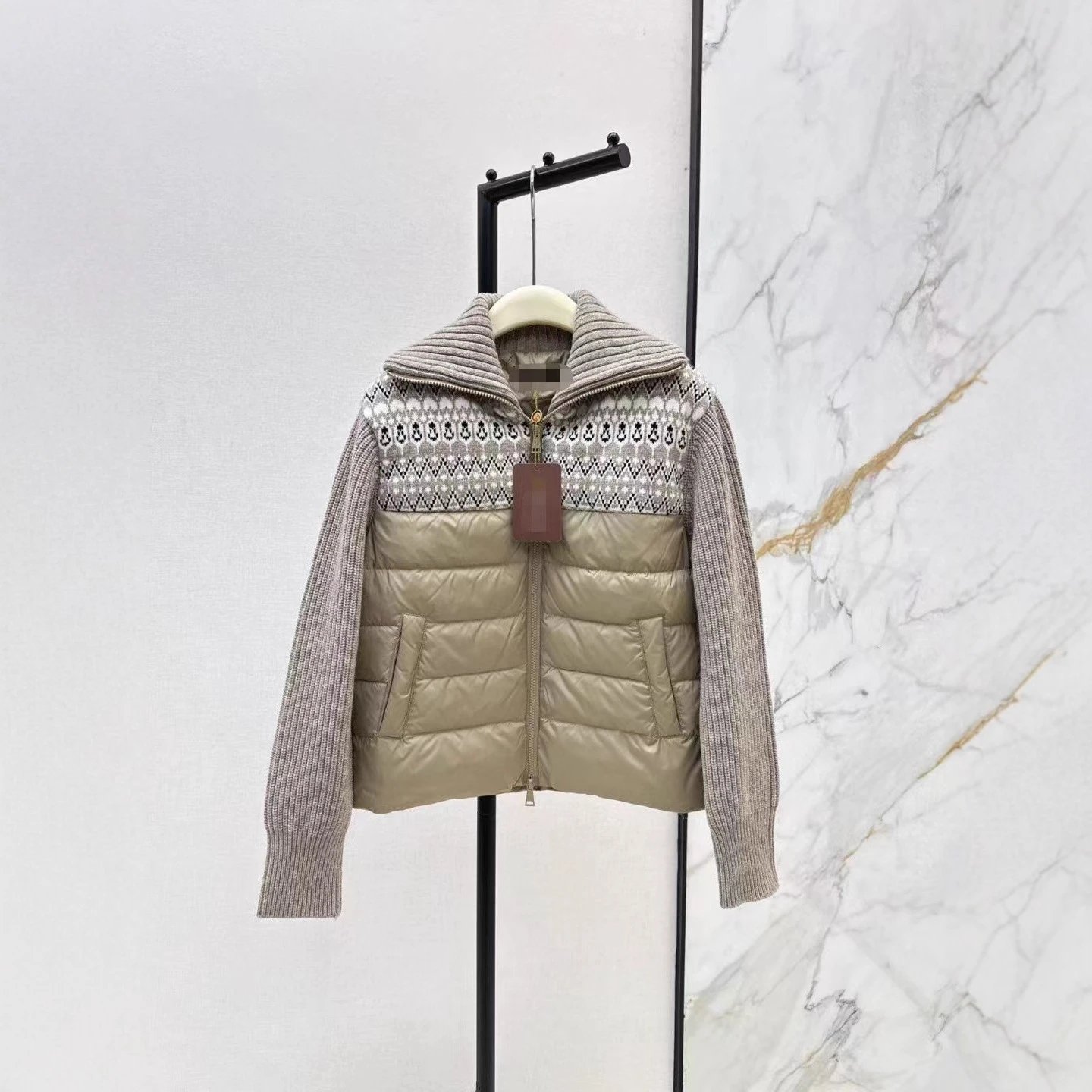 Moncler Women's Fair Isle Knit Quilted Down Cardigan Jacket Beige