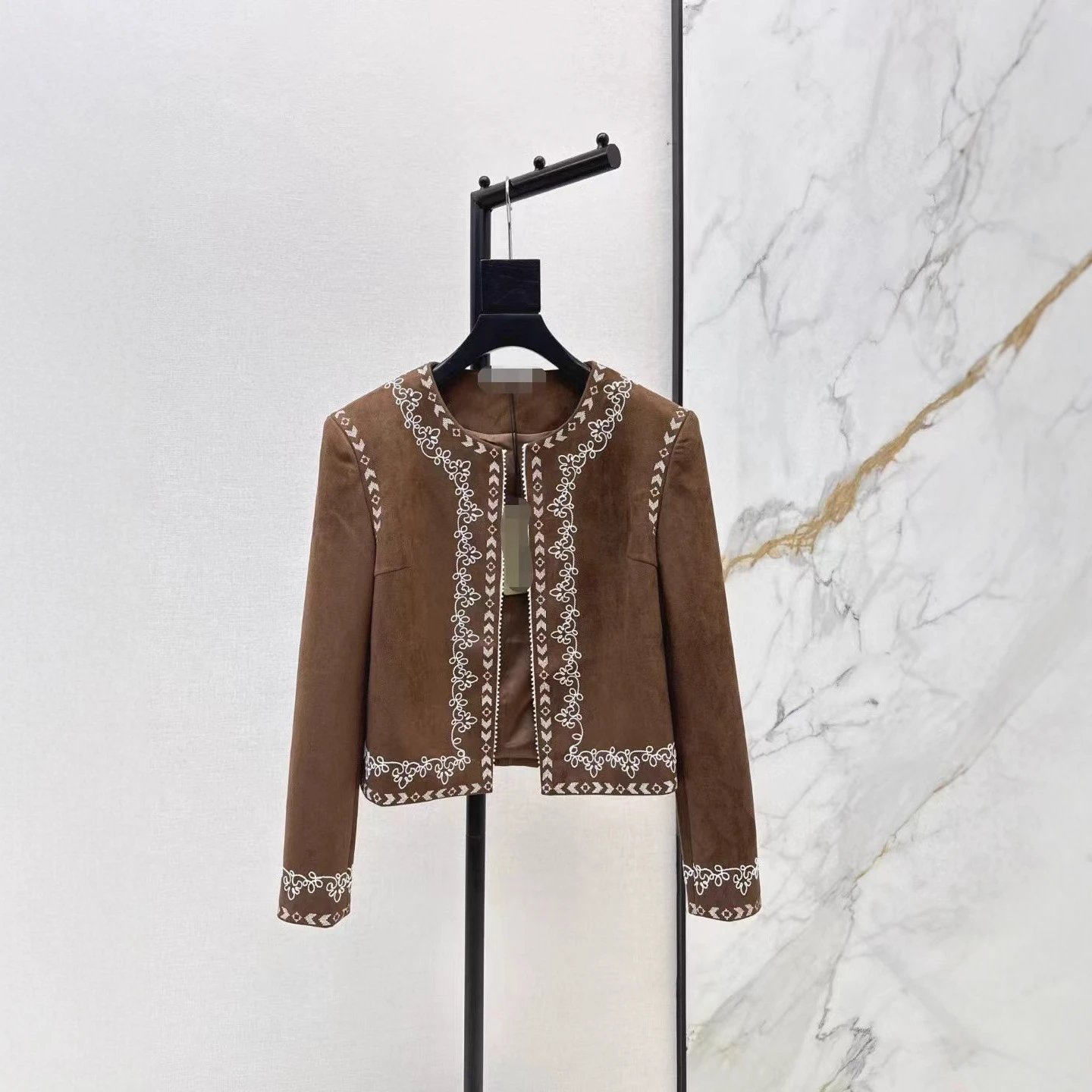 Women's Brown Suede Jacket with White Floral Embroidery Open Front Crop Coat