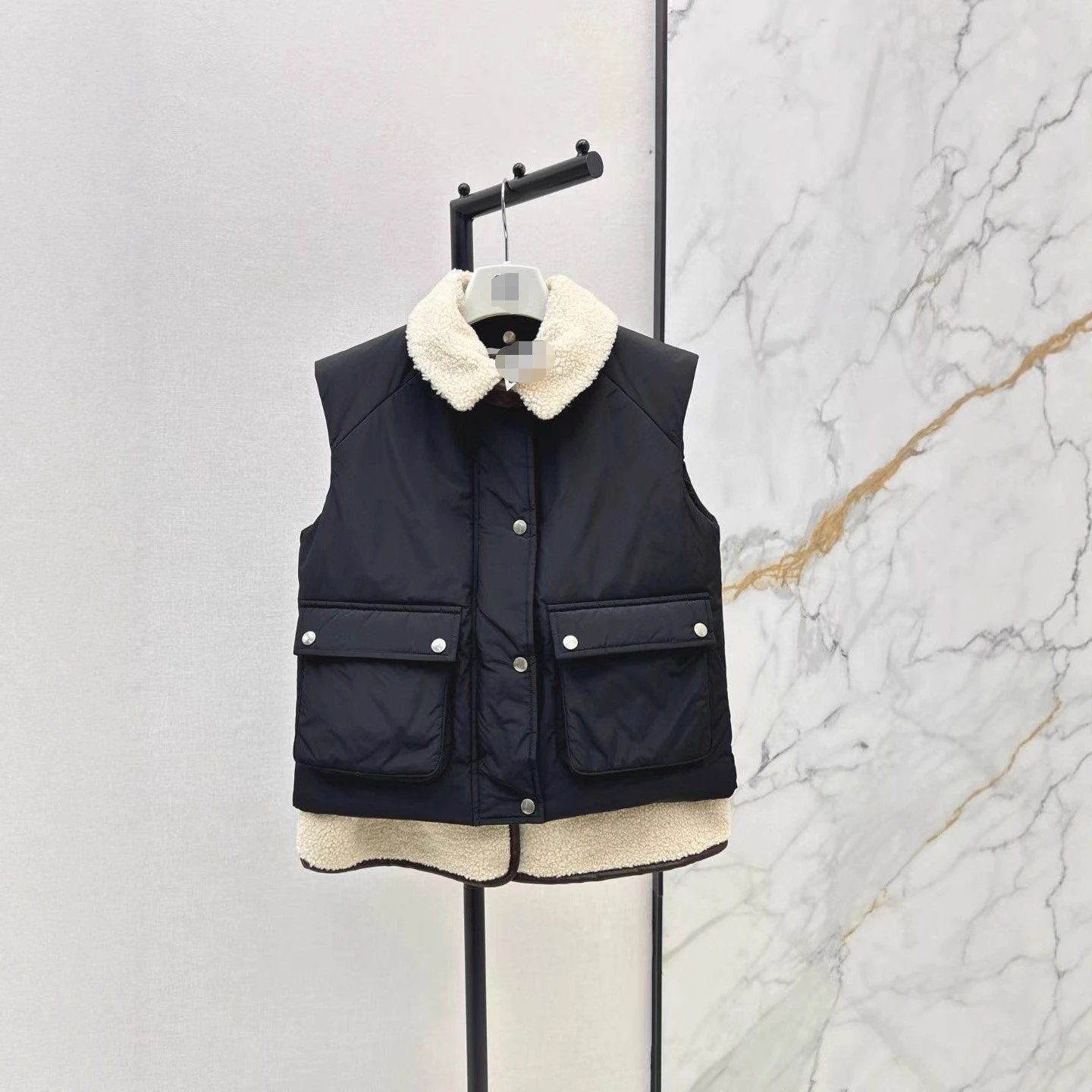 Women's Black Quilted Puffer Vest with Cream Sherpa Collar & Snap Pockets