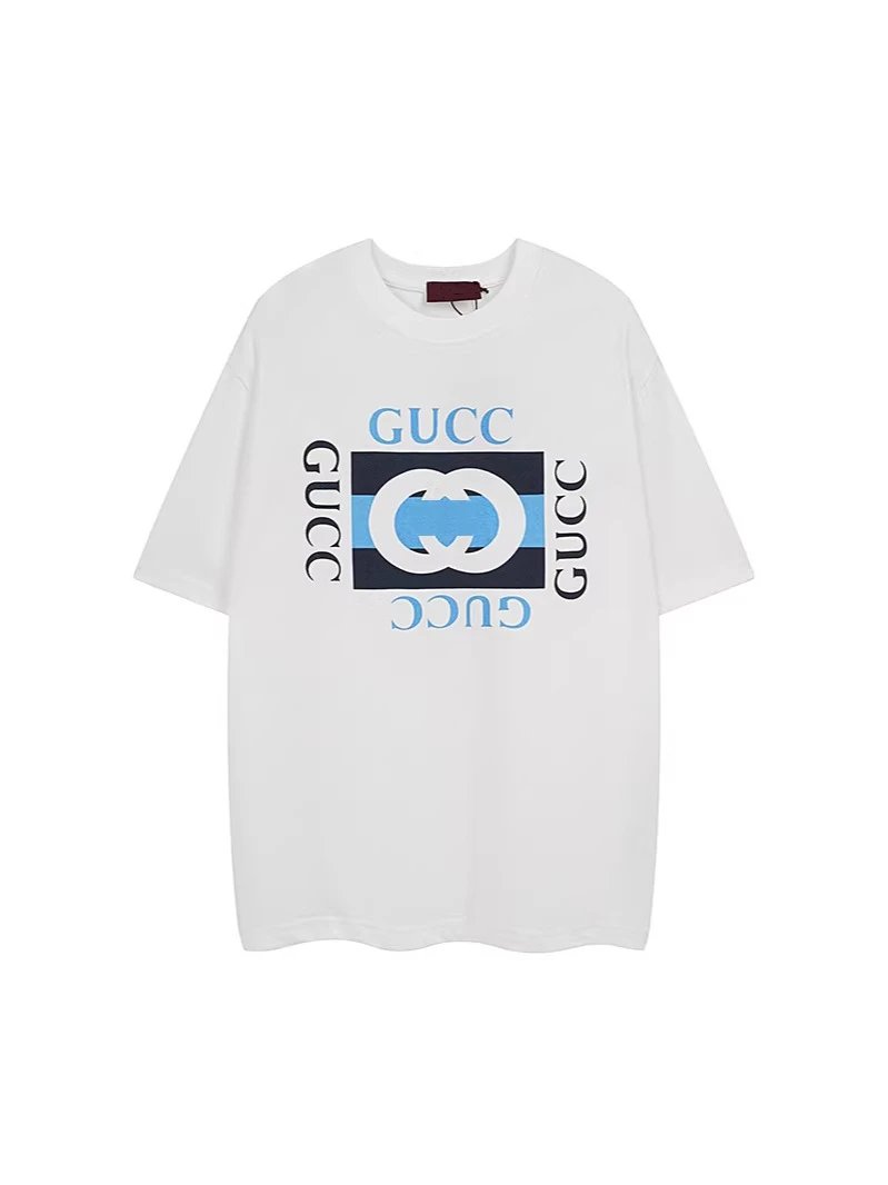 GUCC White Oversized Graphic T-Shirt with Blue Interlocking G Logo Print