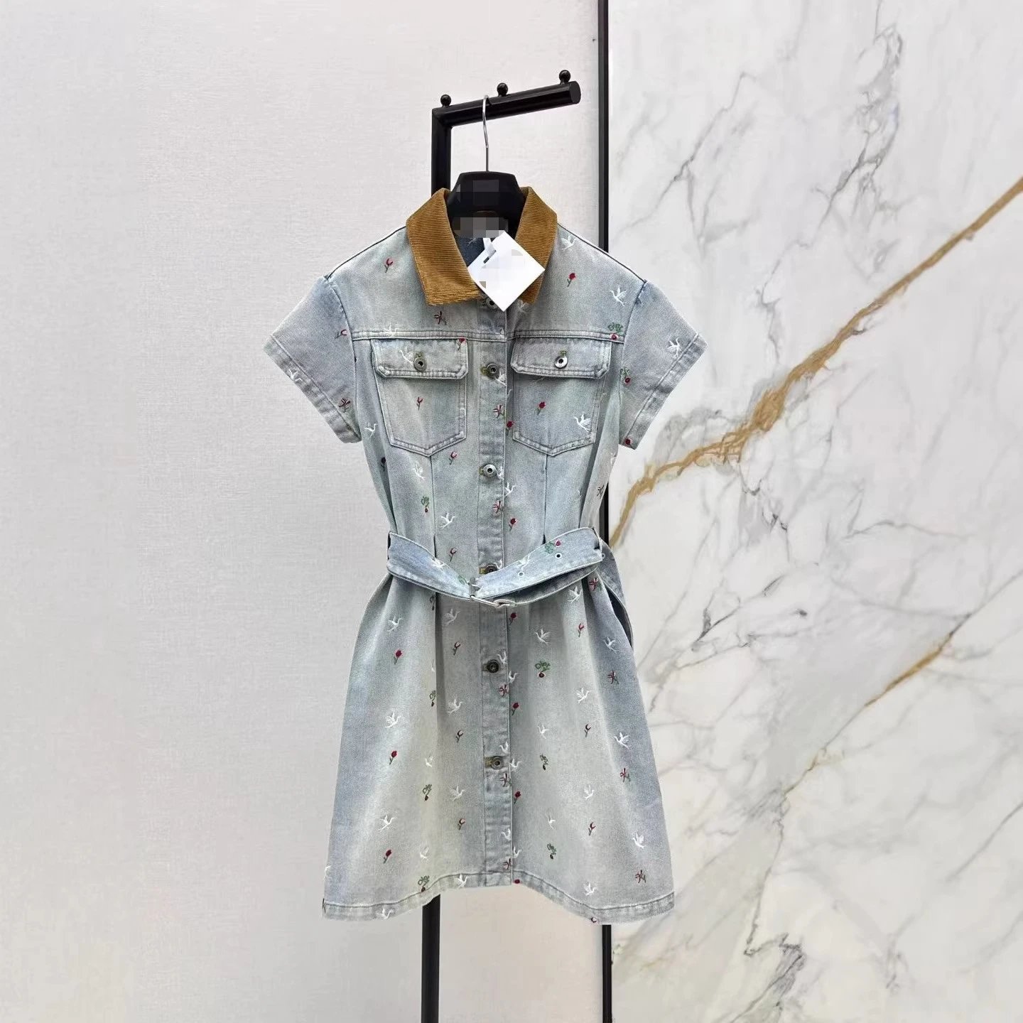 Women's Light Wash Denim Shirt Dress with Embroidered Birds & Contrast Corduroy Collar