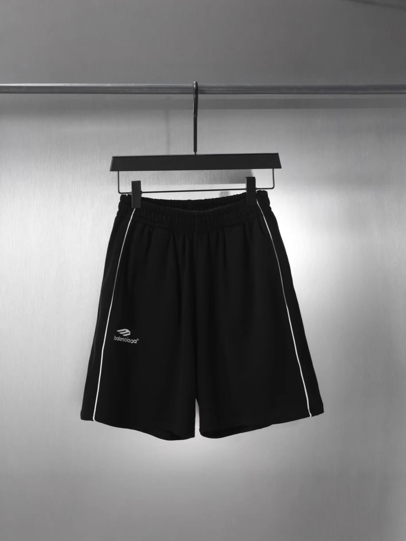 Balenciaga Black Track Shorts with White Piping and Logo Print
