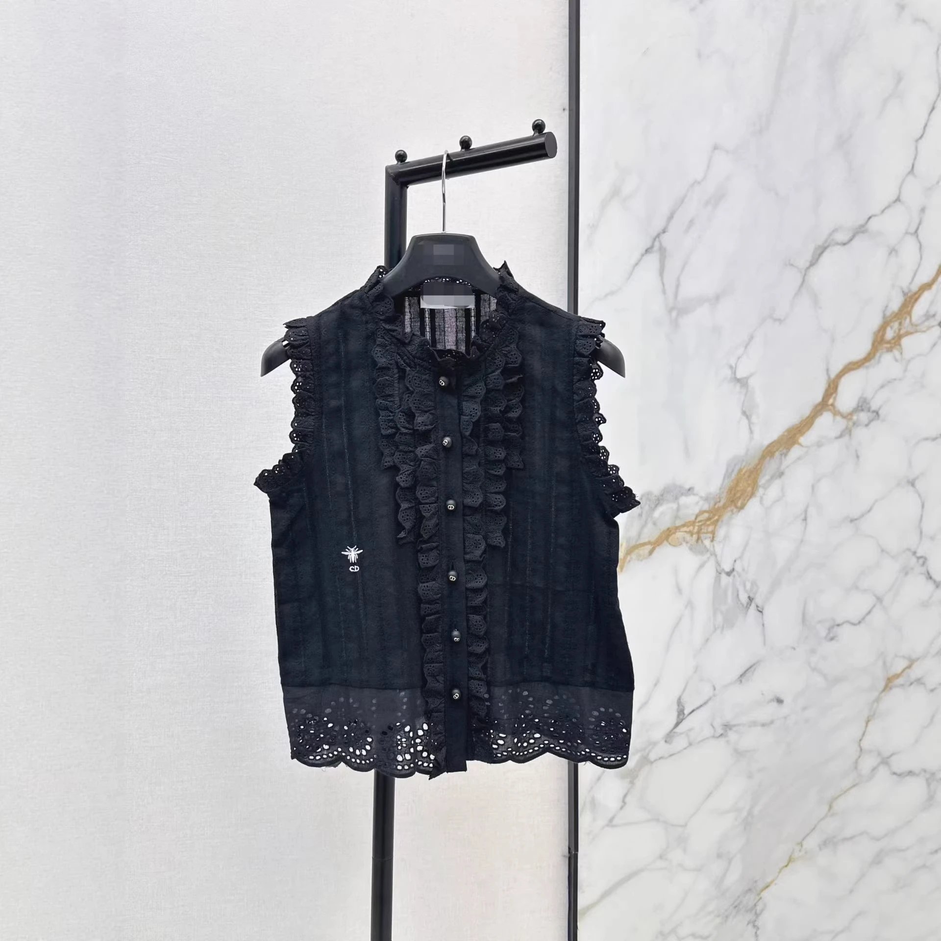 Dior Black Sleeveless Blouse Ruffled Eyelet Lace Cotton Top with Bee Embroidery