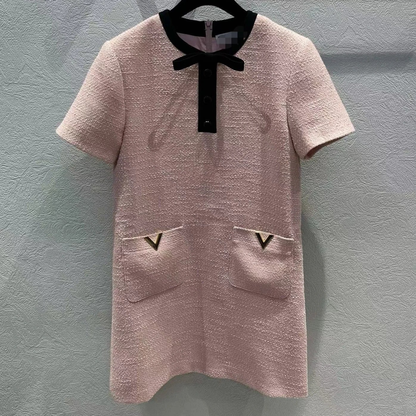 Valentino Pink Tweed Short-Sleeve Dress with Black Bow & V Logo Pockets