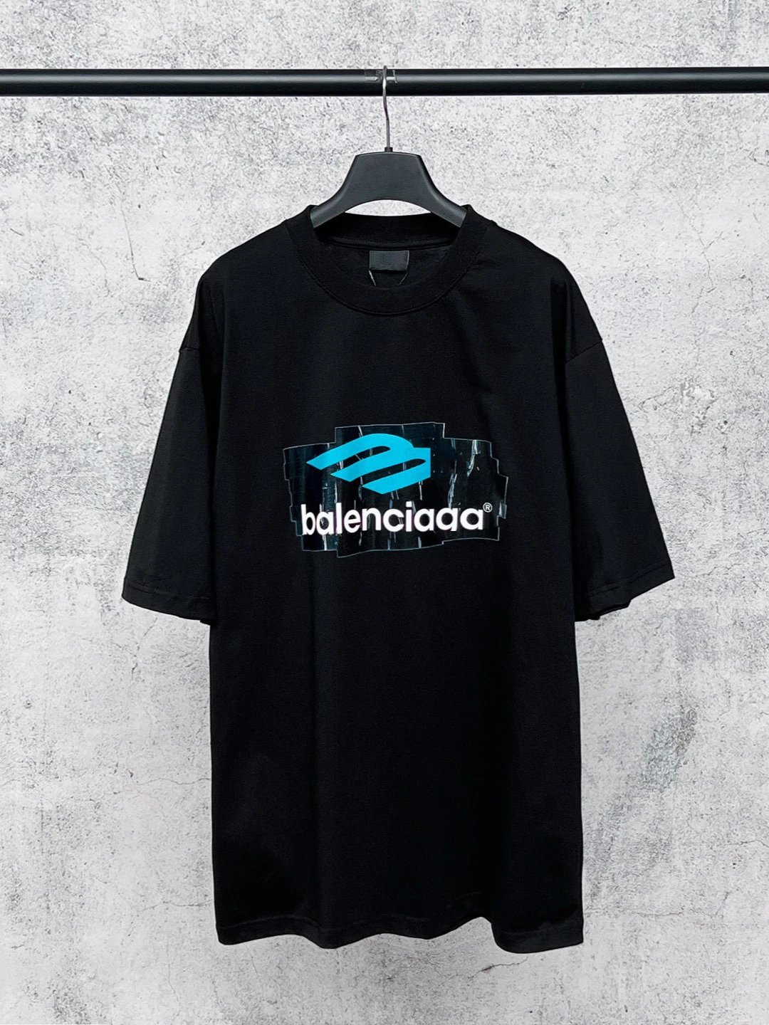 Balenciaga Black Oversized T-Shirt with Blue Logo Graphic Print