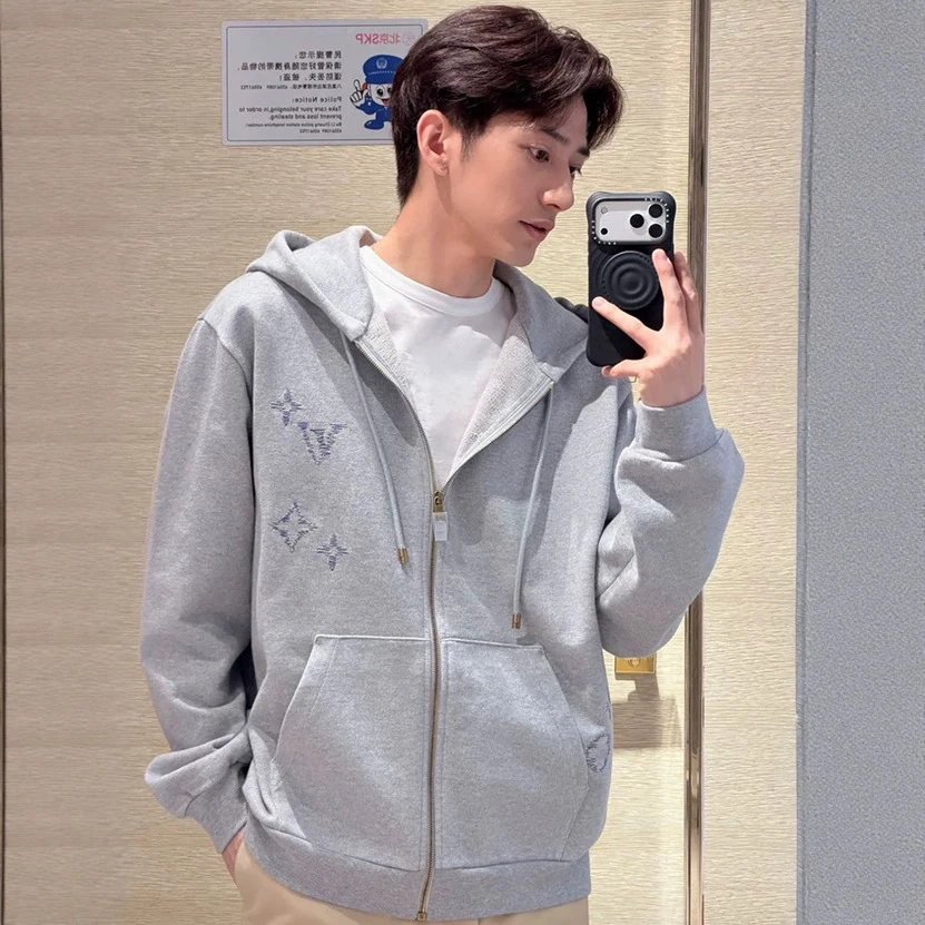 Louis Vuitton Men's Gray Zip-Up Hoodie with Embroidered Monogram Motifs