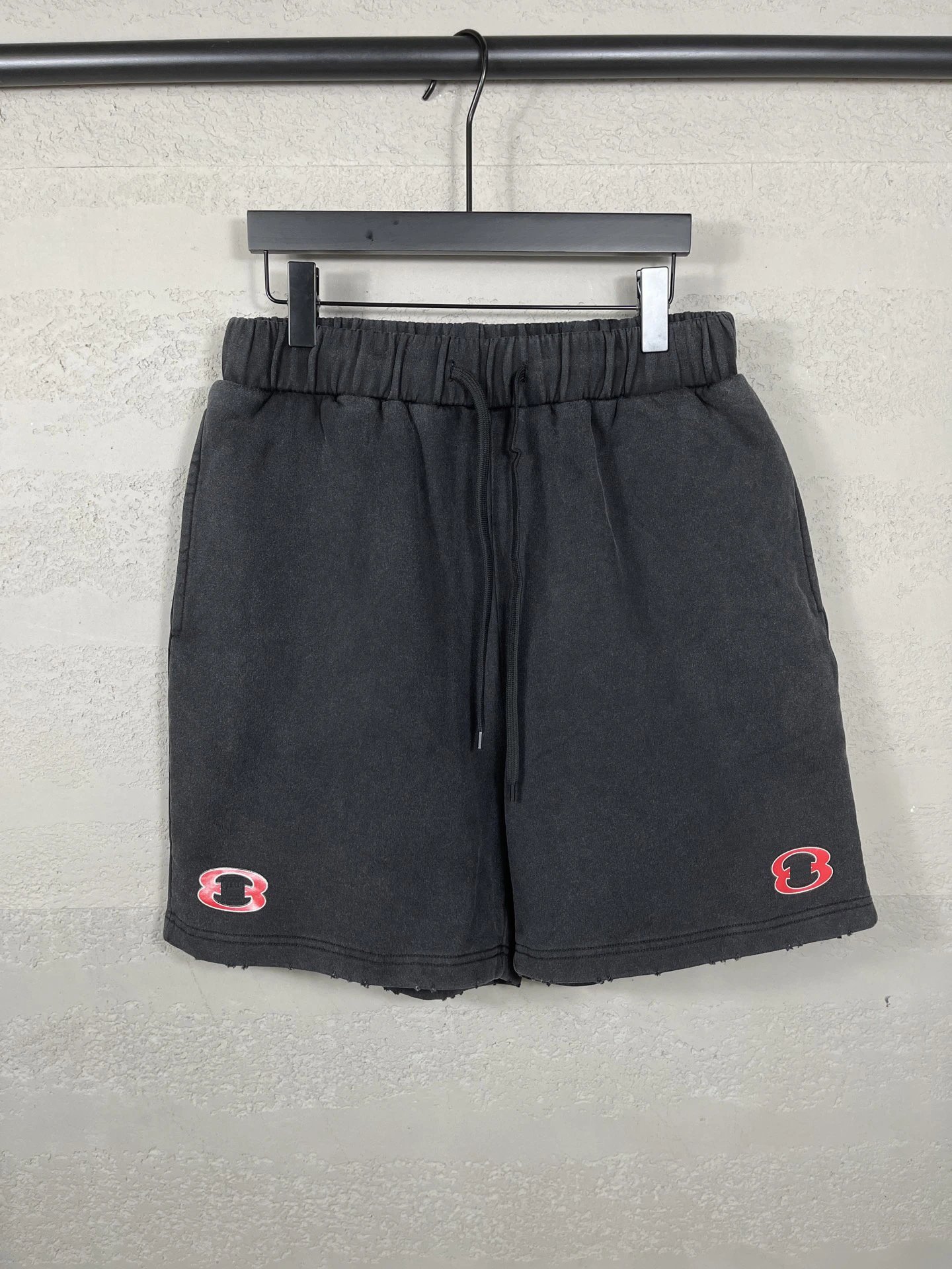 8Ball Studio Vintage Wash Drawstring Shorts Black Red 8 Logo Distressed Hem