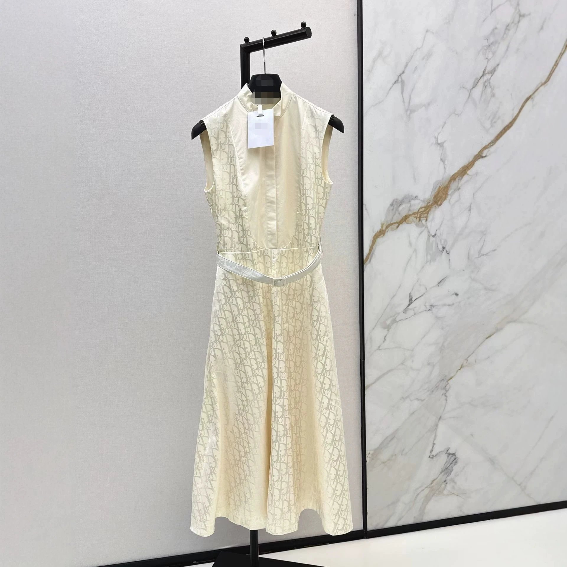 Dior Oblique Monogram Sleeveless Midi Dress Ivory with Belt