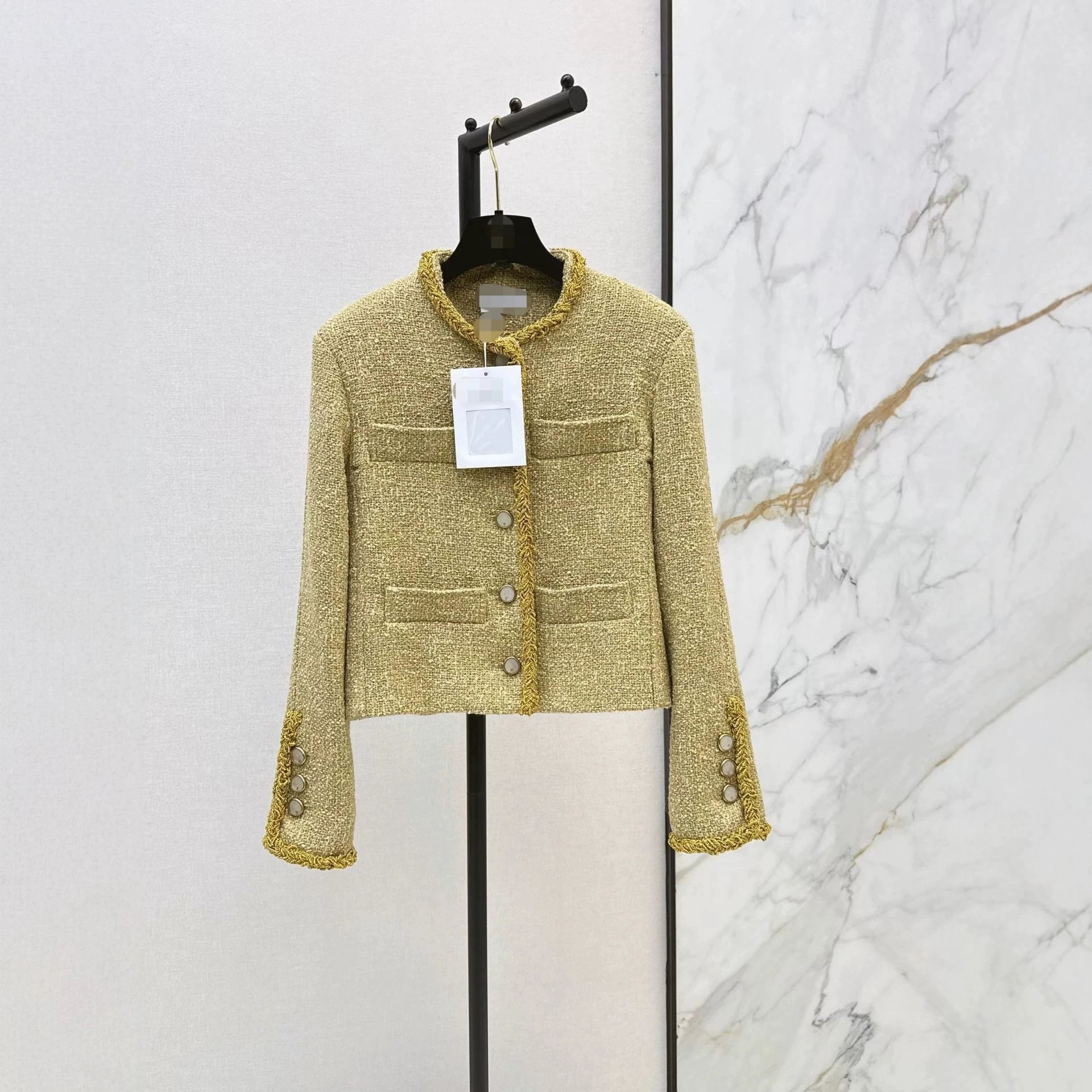 Women's Chanel Gold Tweed Jacket Braided Trim Button Cuffs