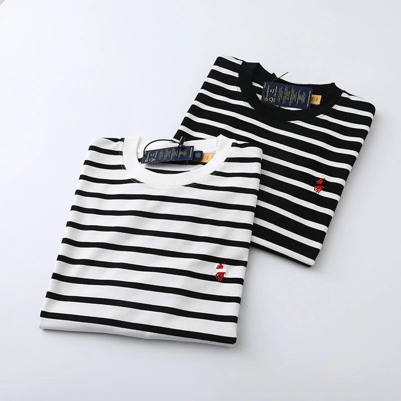 In Stock Men's Striped Crew Neck Short Sleeve Casual Pure Cotton T-Shirt with Pony Logo