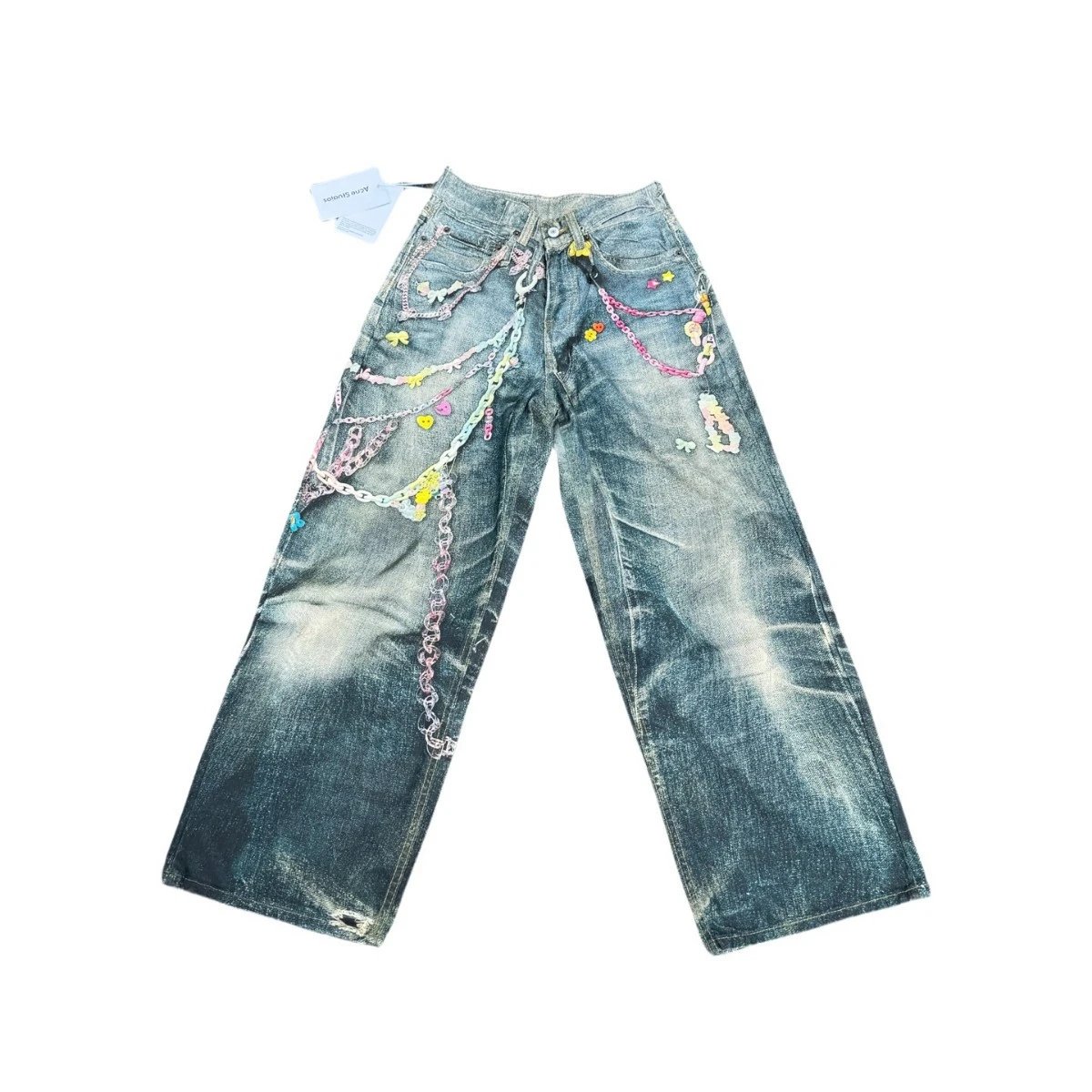 Distressed Wide Leg Blue Denim Jeans