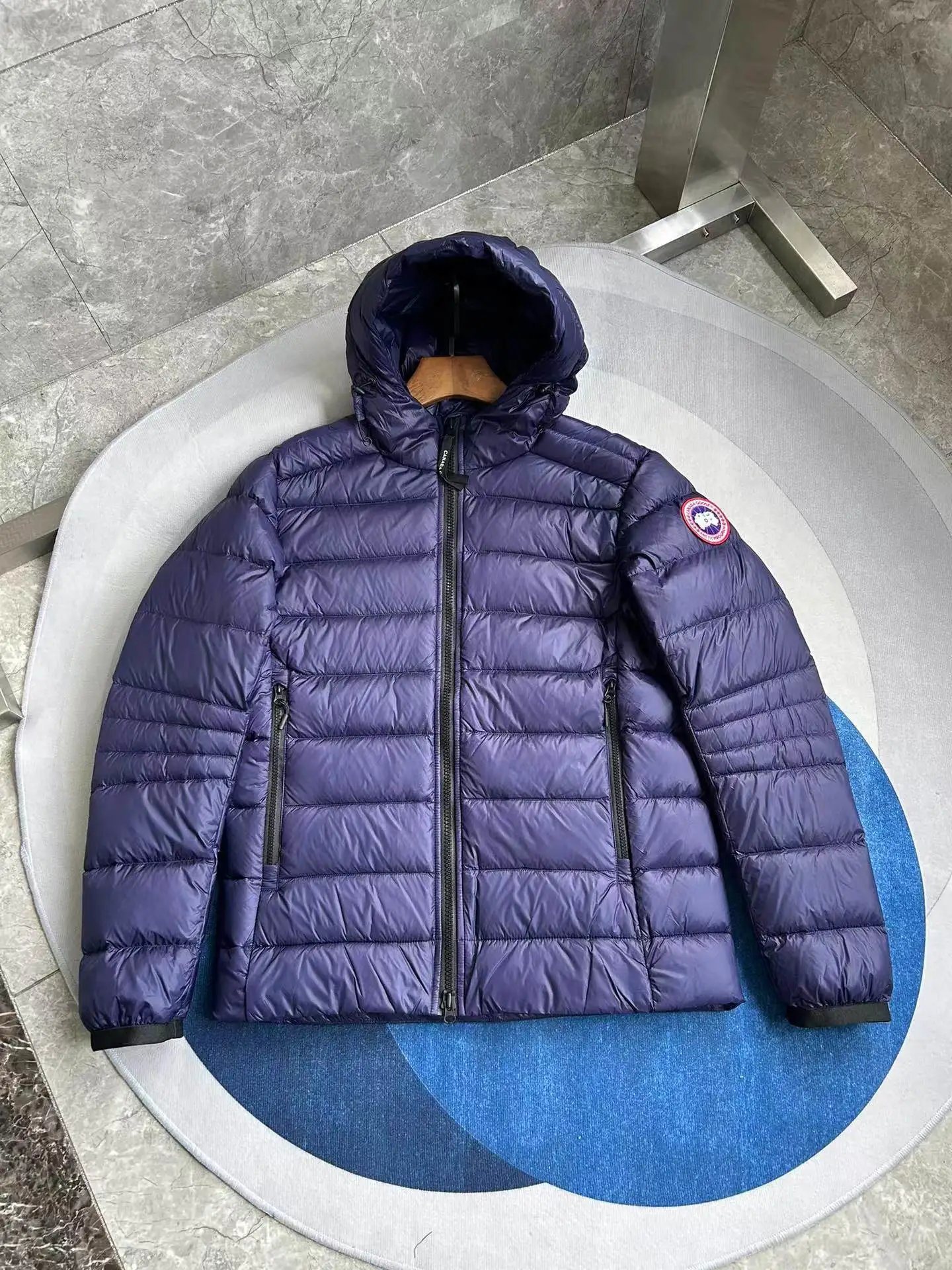 Dark blue with a red label