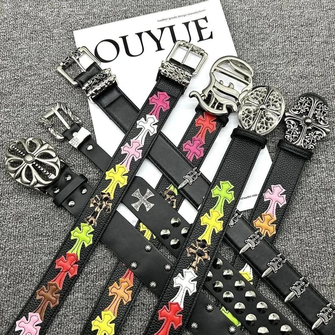 Black Leather Belt with Colorful Cross Embellishments and Silver Buckles