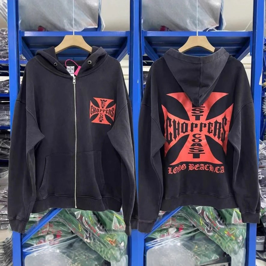 ERD Style West Coast Cross Sanskrit Washed Distressed Zip-Up Hoodie American Vintage Hoodie