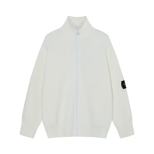 Stone Island Ribbed Zip-Up Knit Sweater White - 1