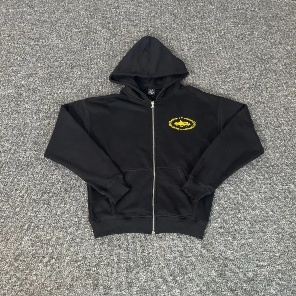Design Hoodie with Yellow Wreath Logo Black Zip-Up Hoodie - 1