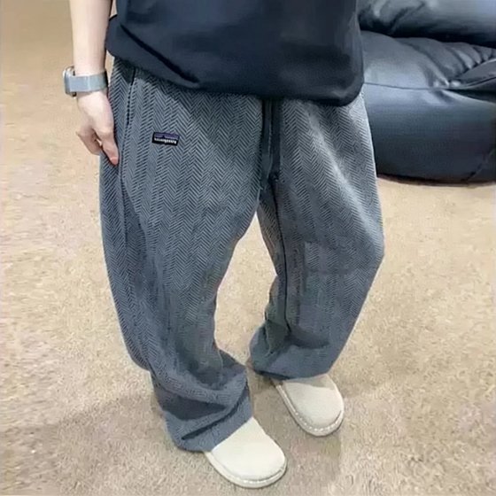 Chenille Embroidered Logo Textured Structured Loose Curved Sweatpants Straight Leg Trousers