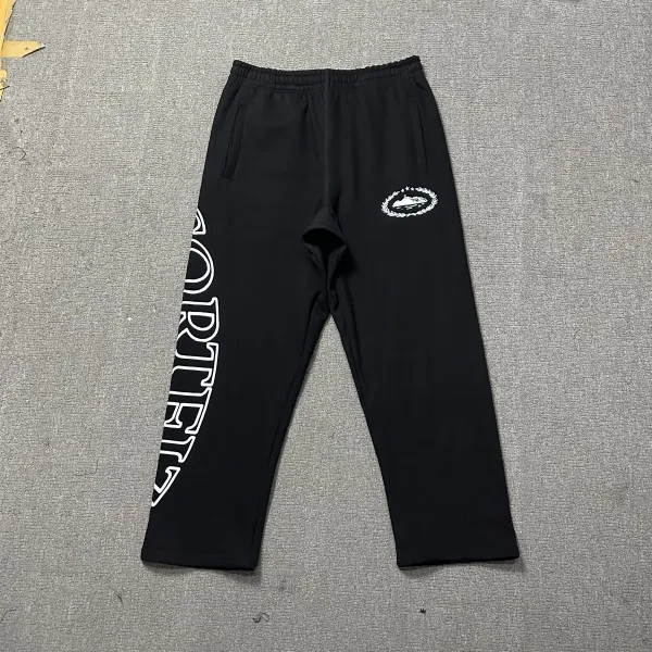 Corteiz Sweatpants Black with Vertical Logo and Wreath Emblem - 1