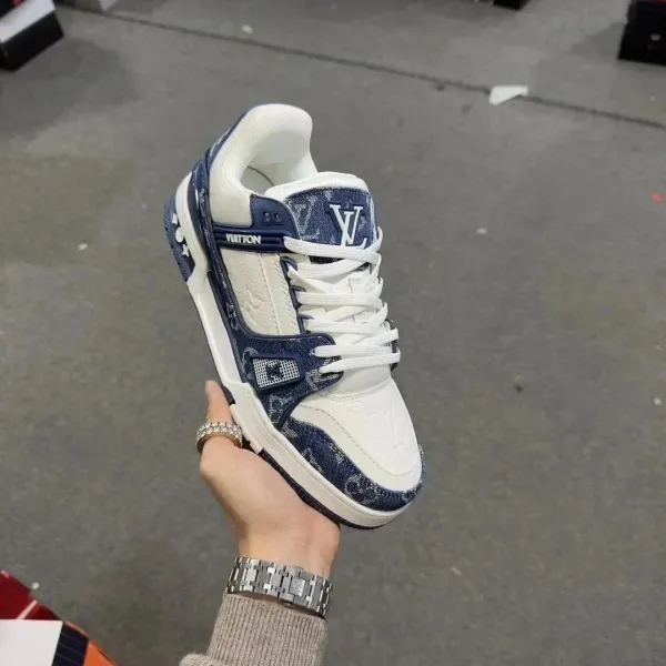 Louis Vuitton Trainer Monogram Denim White and Navy Sneakers - 1