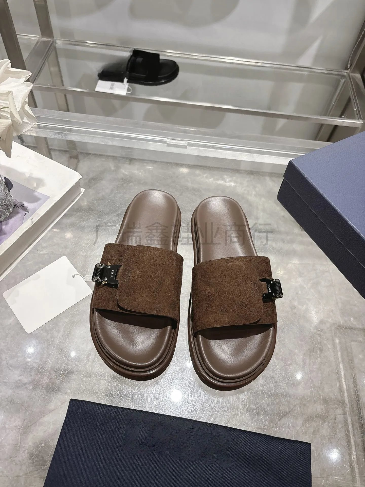 Dior Diorama Velvet Slide Sandals Black Slippers - 18