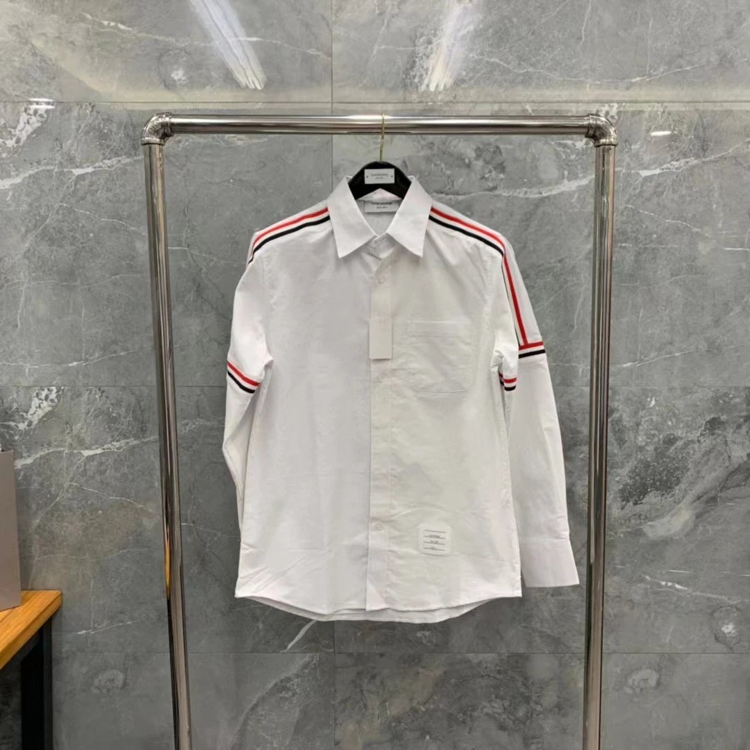 Thom Browne Shirts Button-Down with Tricolor Stripe Trim — White shoulder straps