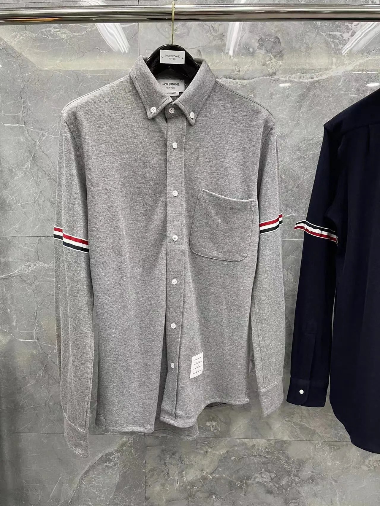 Thom Browne Shirts Button-Down with Tricolor Stripe Trim — Gray double-sleeved pique