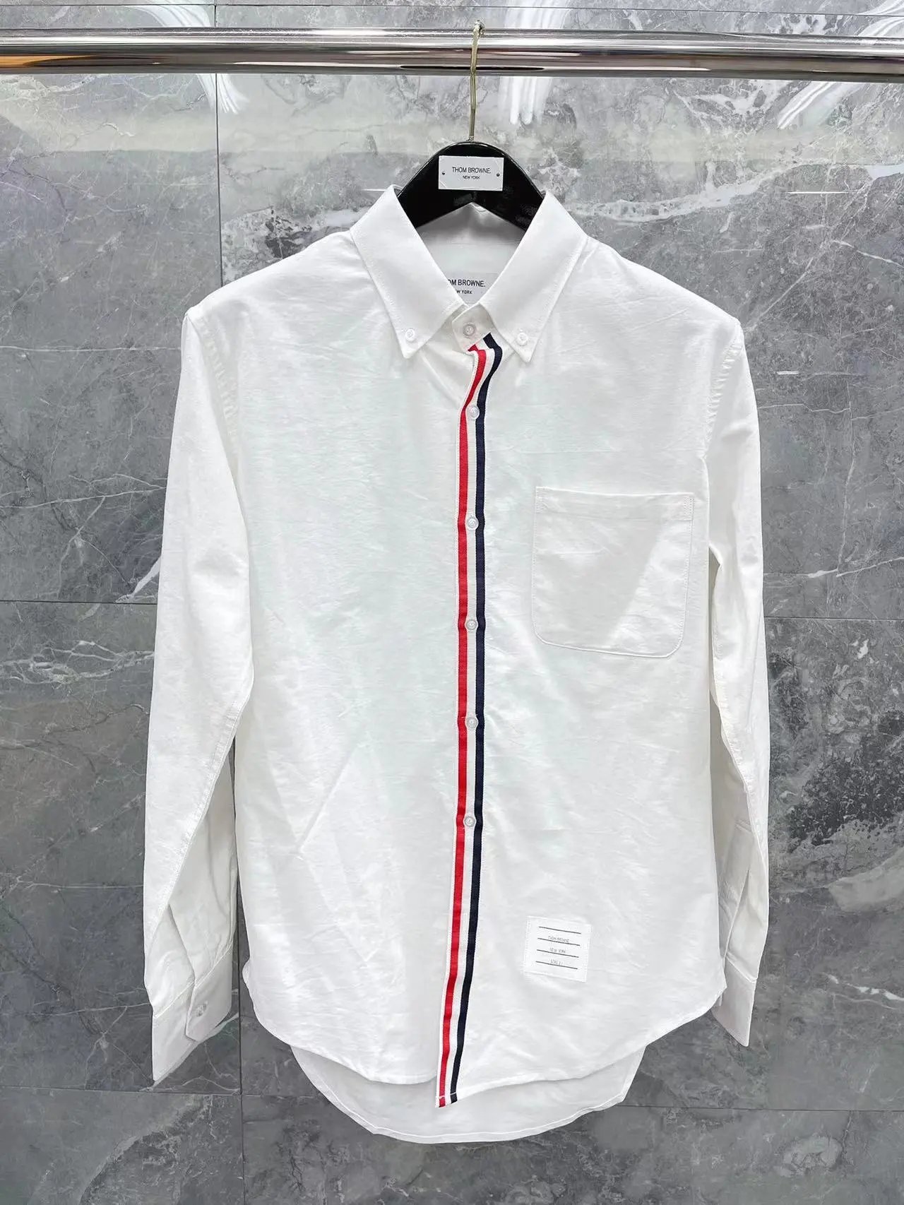 Thom Browne Shirts Button-Down with Tricolor Stripe Trim — White shirt with outer straps