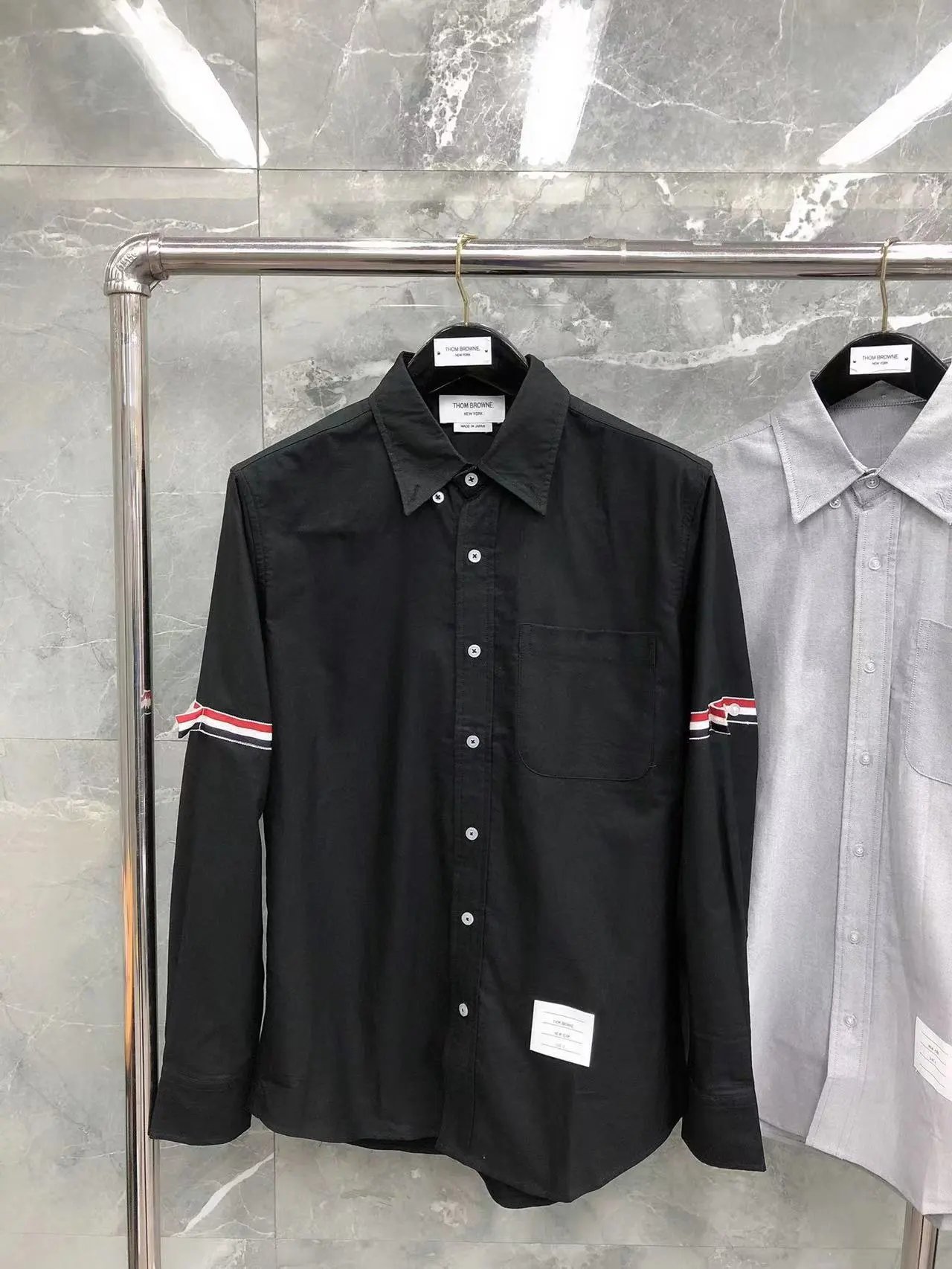 Thom Browne Shirts Button-Down with Tricolor Stripe Trim — Black bilateral ribbon shirt