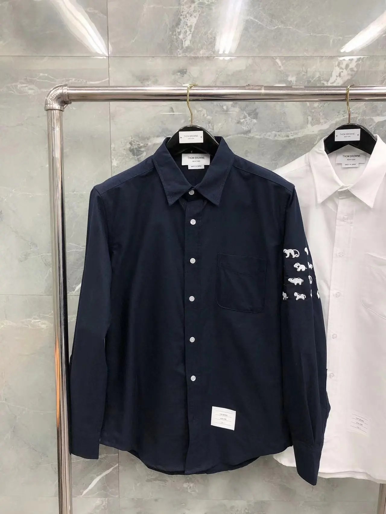 Thom Browne Shirts Button-Down with Tricolor Stripe Trim — Animal-embroidered blue shirt