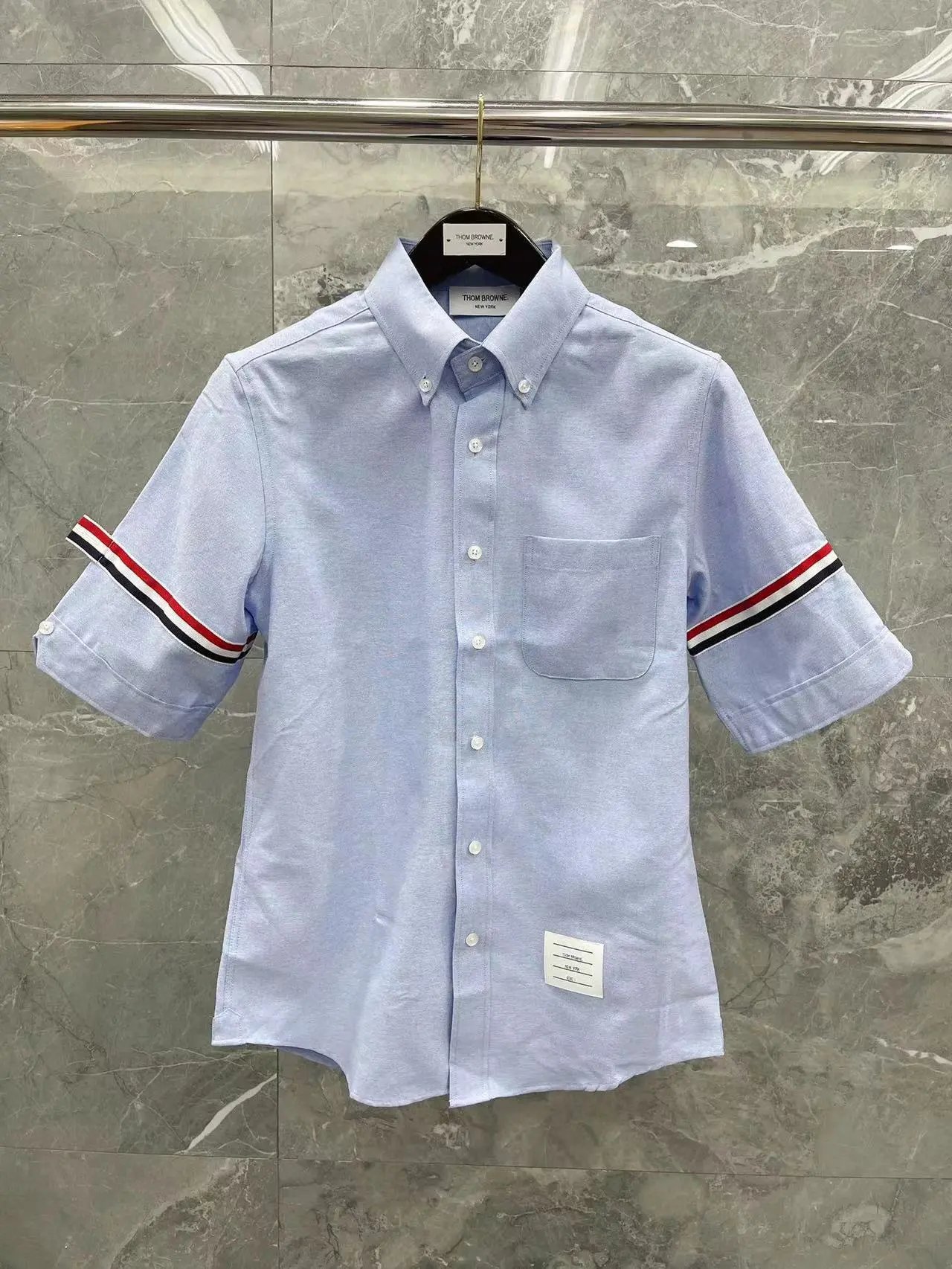 Thom Browne Shirts Button-Down with Tricolor Stripe Trim — Bilateral ribbon short-sleeve shirt, light blue