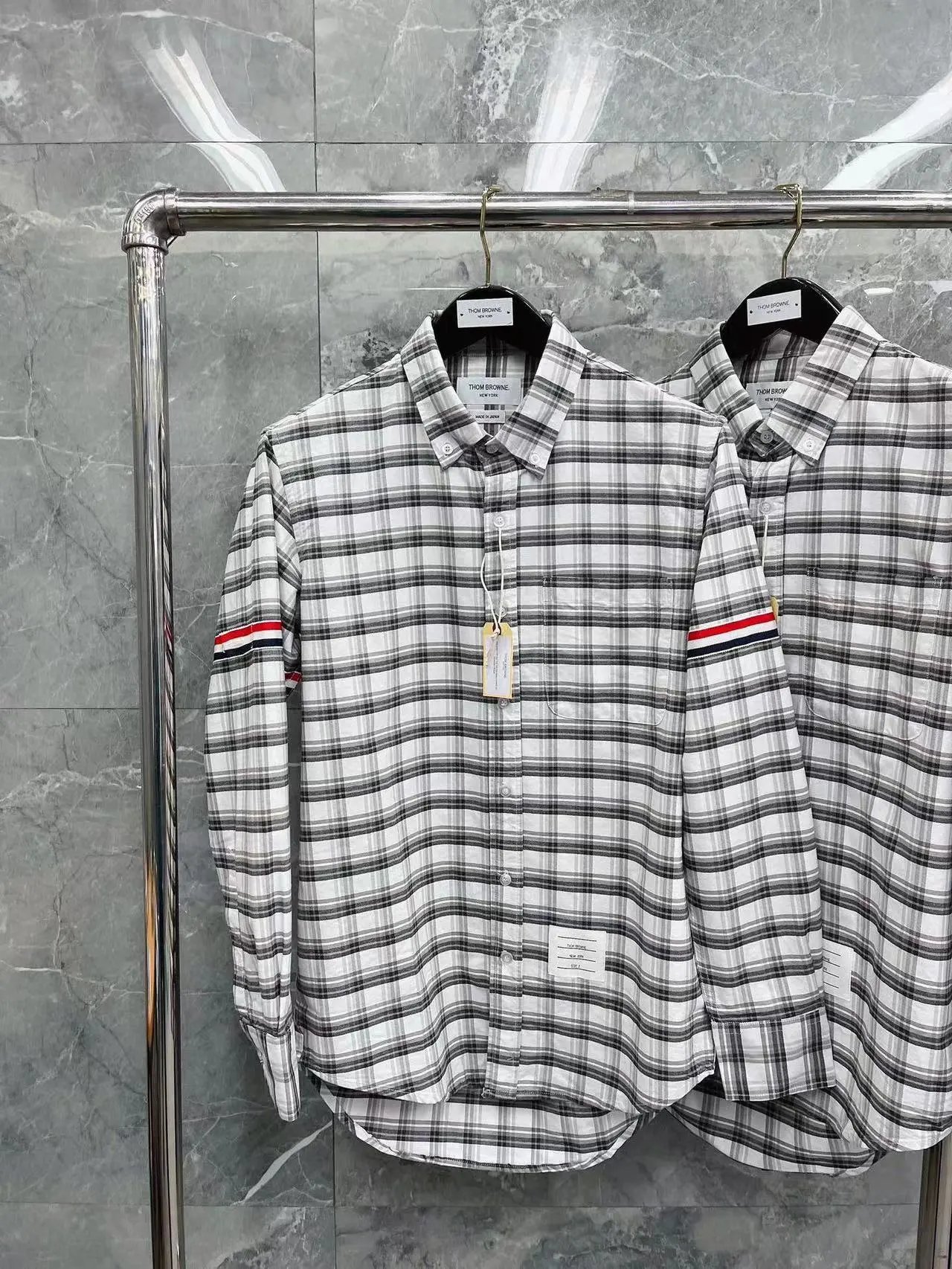 Thom Browne Shirts Button-Down with Tricolor Stripe Trim — Gray houndstooth shirt