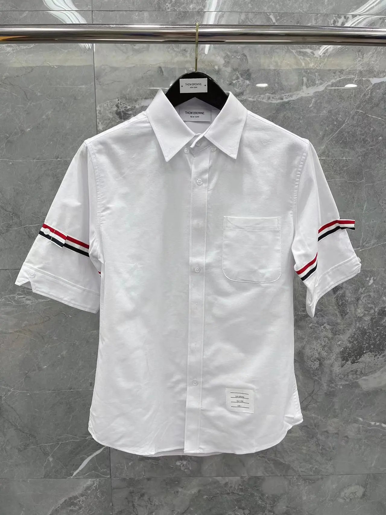 Thom Browne Shirts Button-Down with Tricolor Stripe Trim — White short-sleeve shirt with bilateral ribbon trim