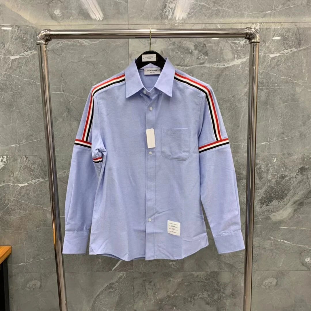 Thom Browne Shirts Button-Down with Tricolor Stripe Trim — Blue shoulder straps