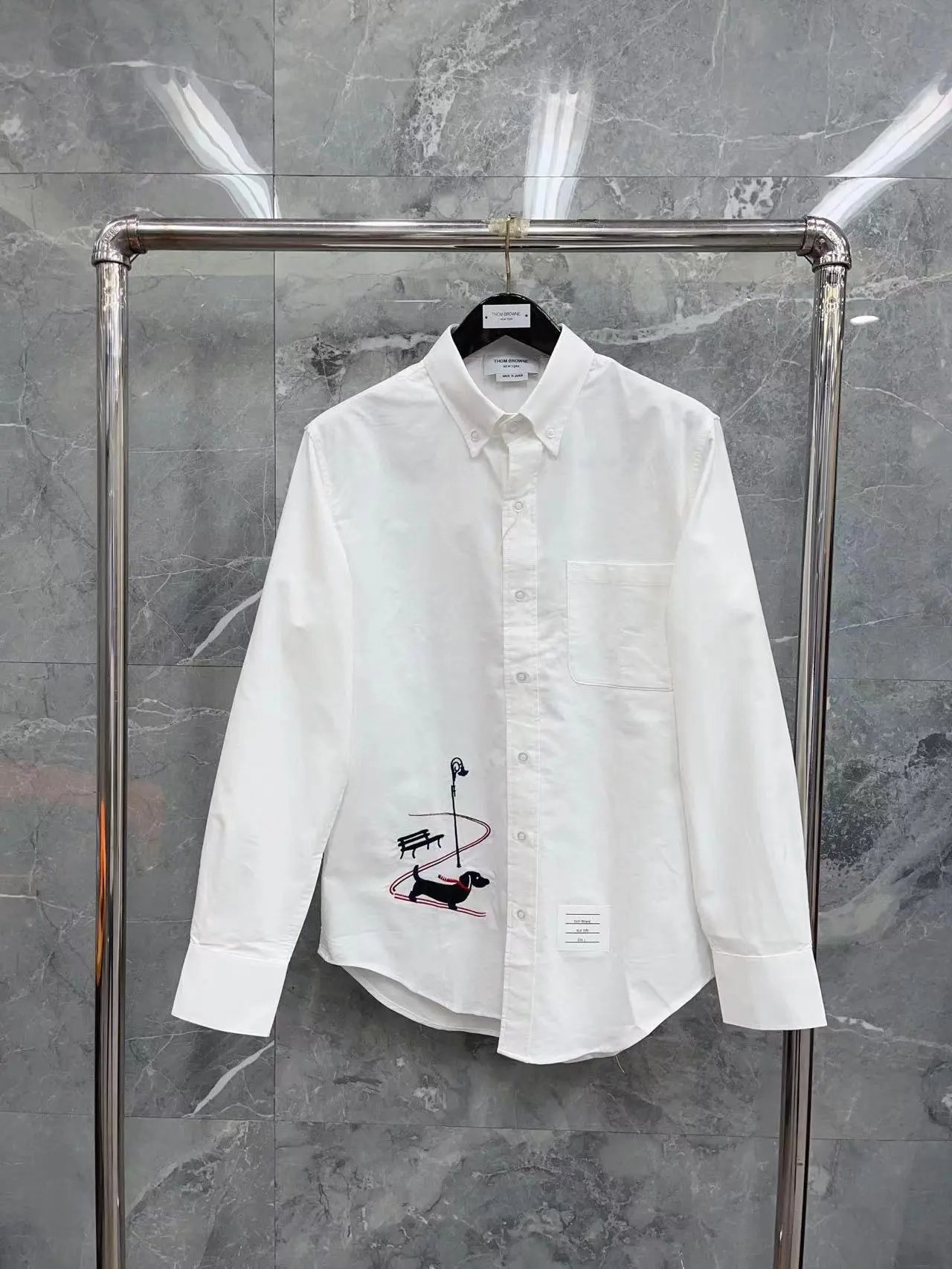 Thom Browne Shirts Button-Down with Tricolor Stripe Trim — Embroidered shirt with a little puppy