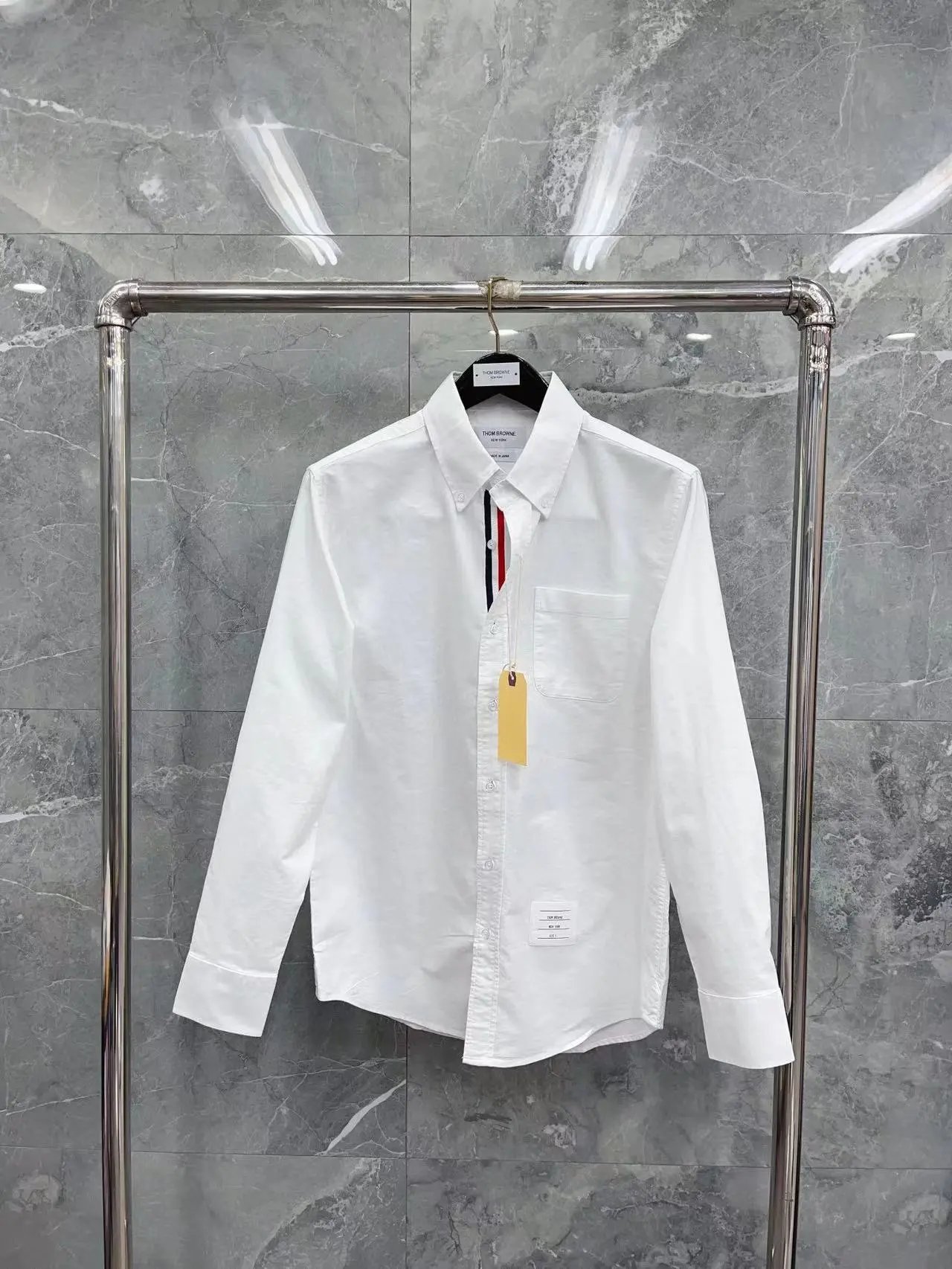 Thom Browne Shirts Button-Down with Tricolor Stripe Trim — White shirt with inner straps