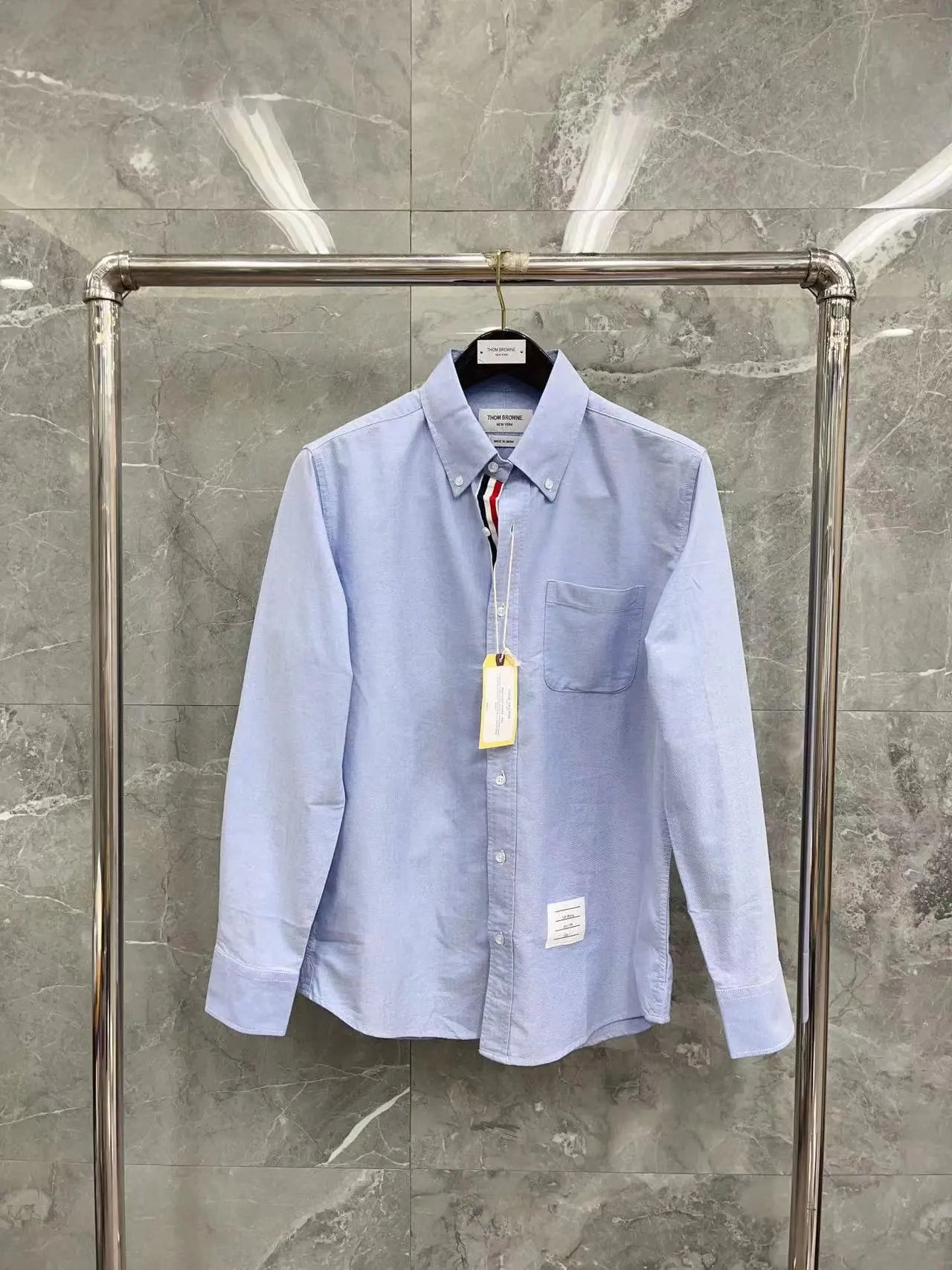 Thom Browne Shirts Button-Down with Tricolor Stripe Trim — Light blue shirt with inner straps
