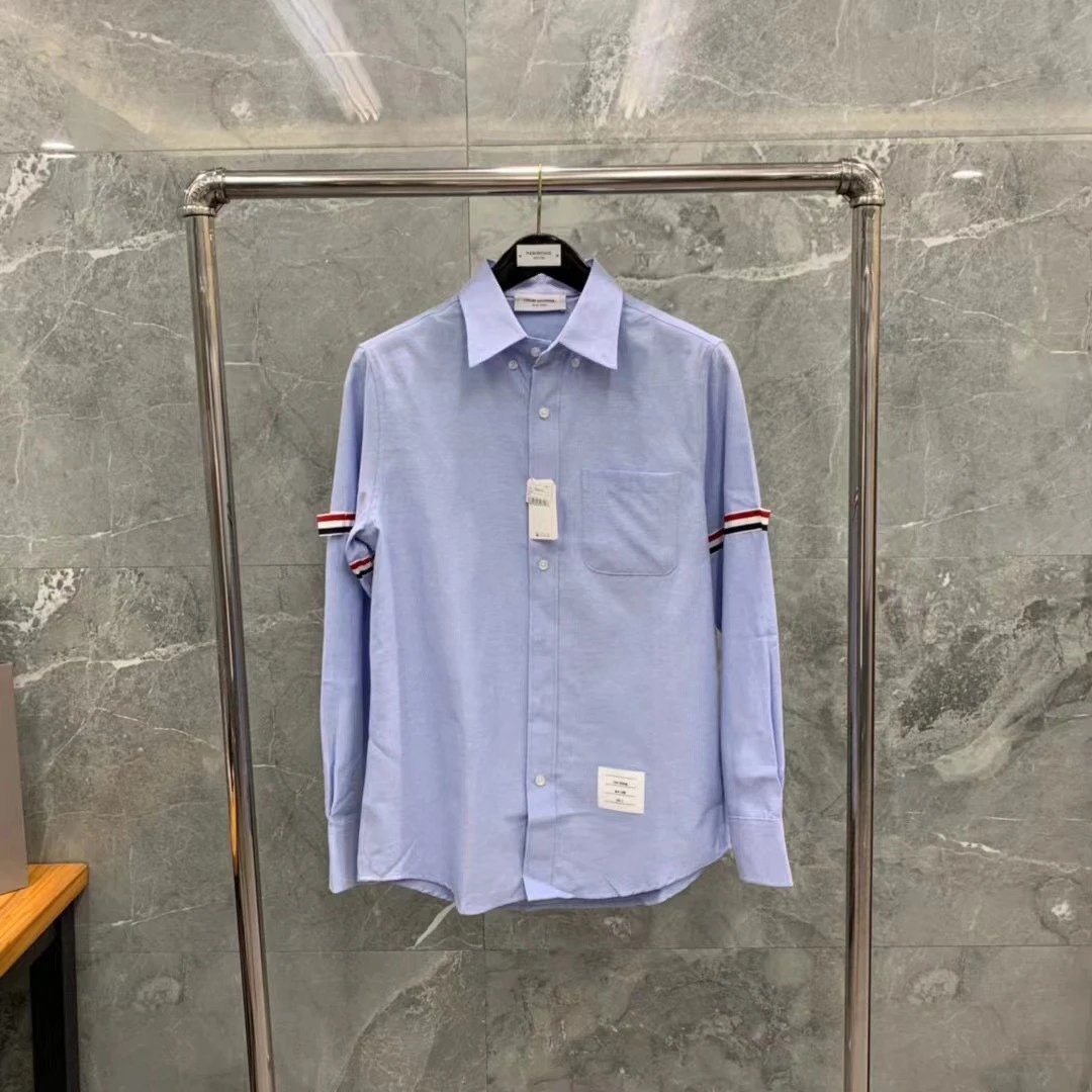 Thom Browne Shirts Button-Down with Tricolor Stripe Trim — Light blue with double-sleeve ribbons