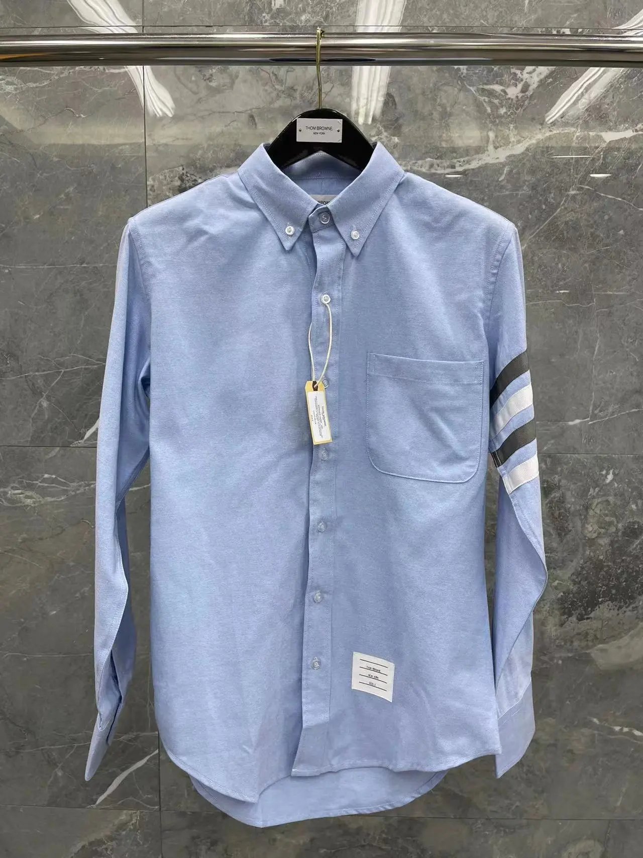 Thom Browne Shirts Button-Down with Tricolor Stripe Trim — Off-white four-stripe light-blue shirt