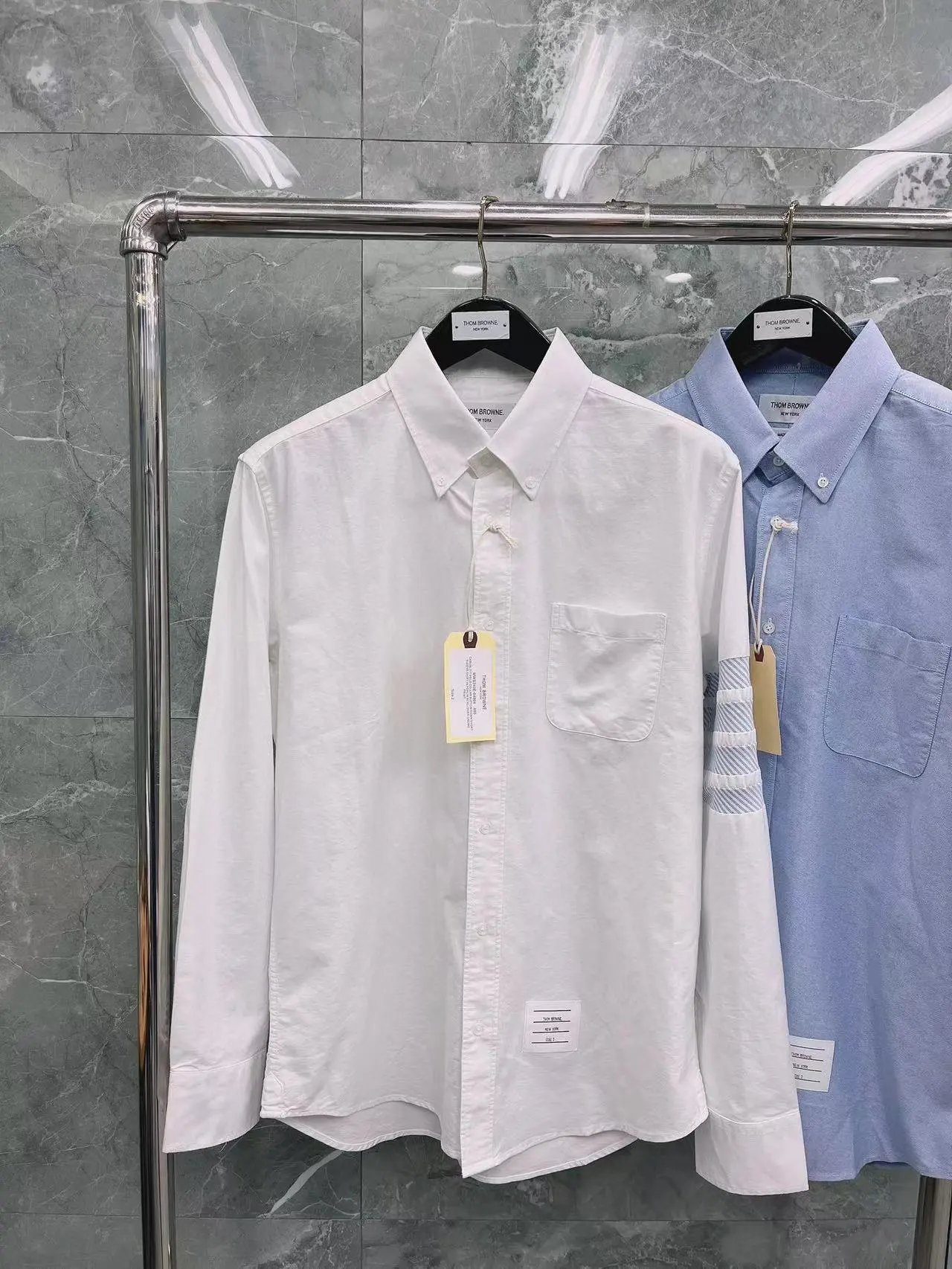 Thom Browne Shirts Button-Down with Tricolor Stripe Trim — Four-bar twill shirt in white