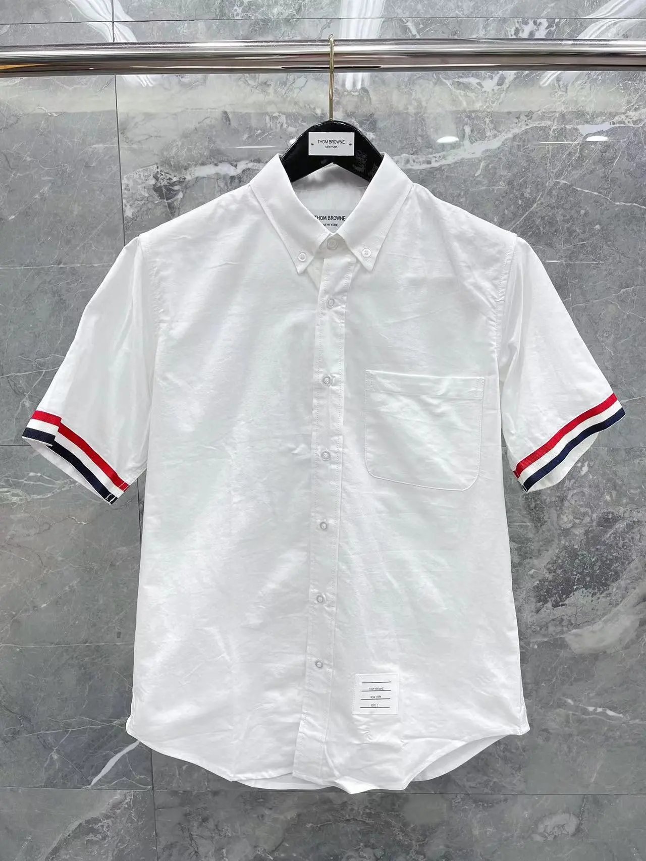 Thom Browne Shirts Button-Down with Tricolor Stripe Trim — Cuff-tape shirt, short sleeves