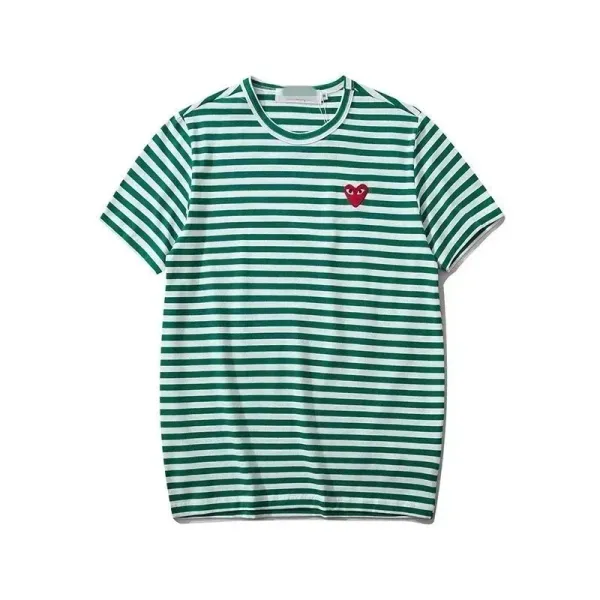 Play Comme des Garçons Striped Heart Logo T-Shirt Green and White - 1