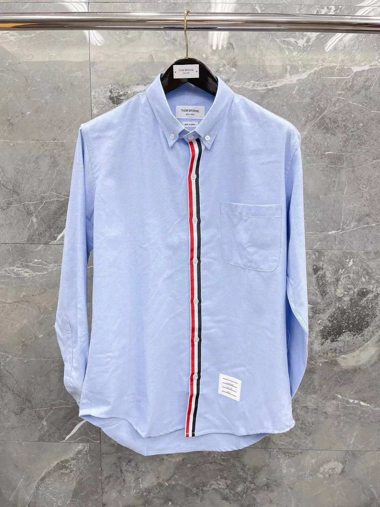 Thom Browne Shirts Button-Down with Tricolor Stripe Trim — Light blue shirt with outer webbing trim