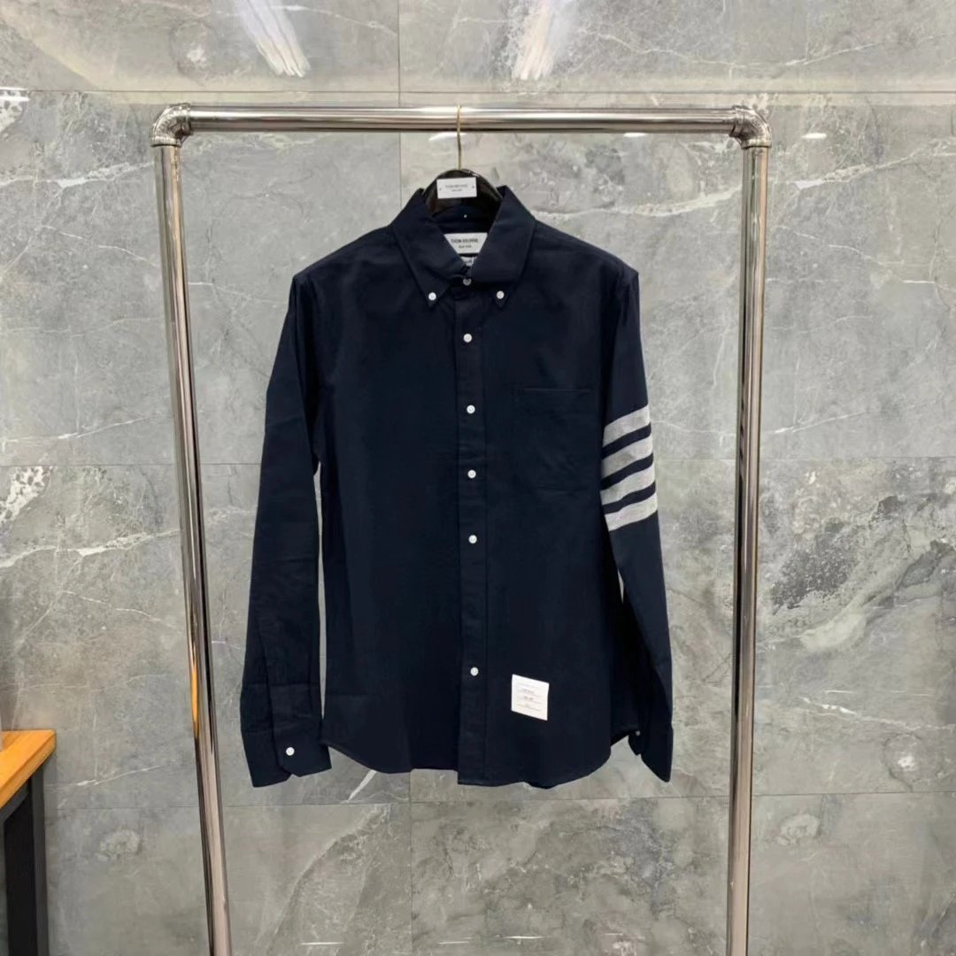 Thom Browne Shirts Button-Down with Tricolor Stripe Trim — Flannel shirt