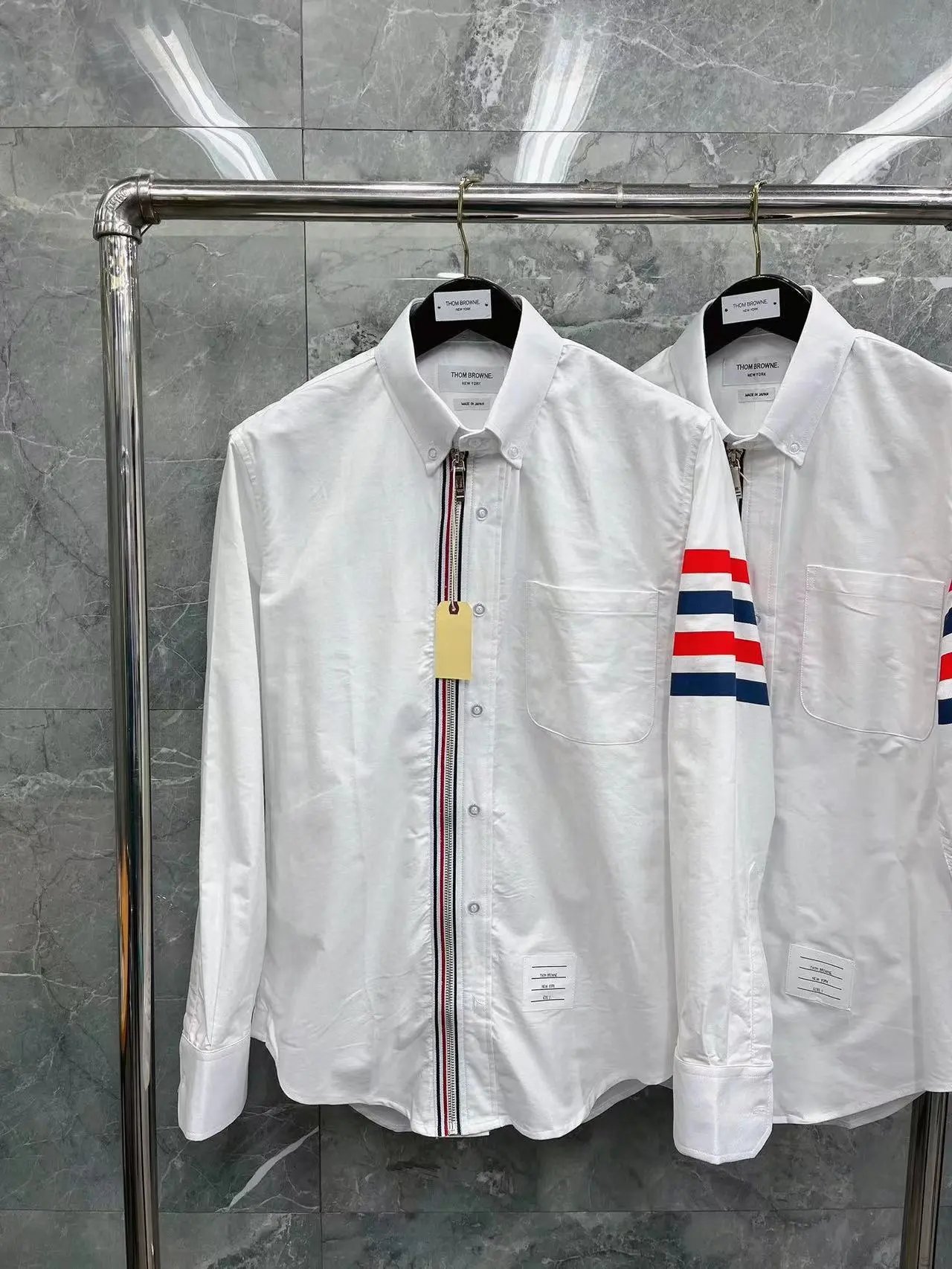 Thom Browne Shirts Button-Down with Tricolor Stripe Trim — Red and blue striped zip-up shirt