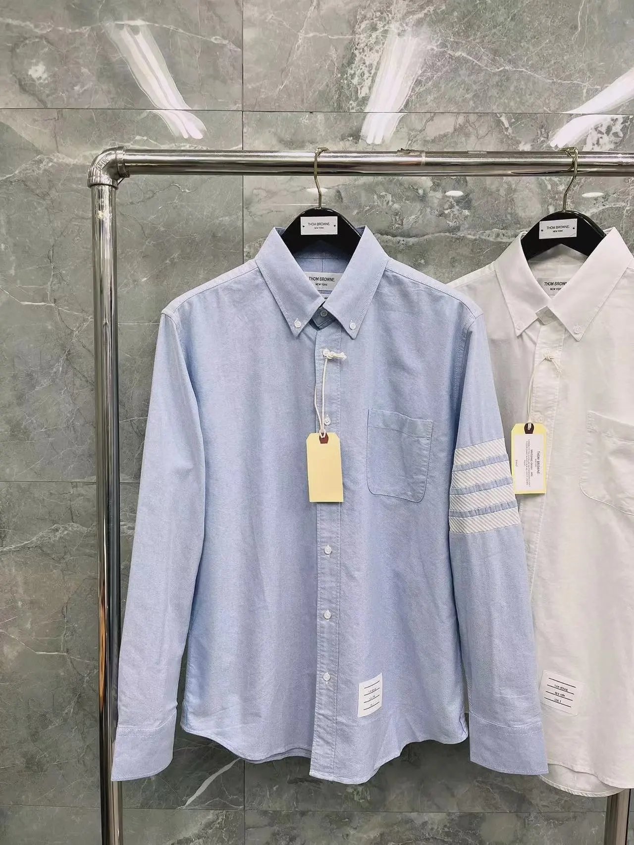 Thom Browne Shirts Button-Down with Tricolor Stripe Trim — Four-bar twill shirt, light blue